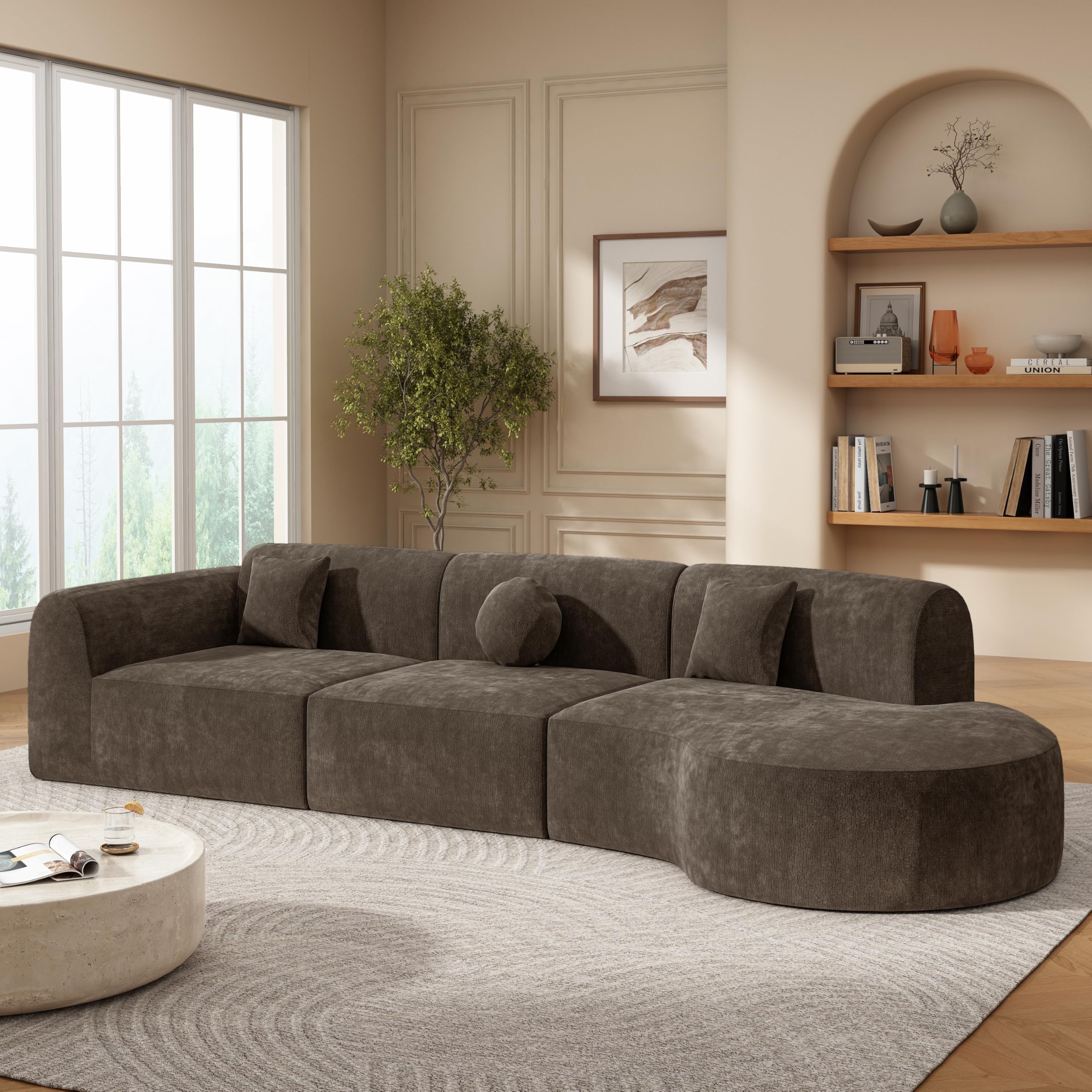 Photo 1 of ***TRUCK/TRAILER PICKUP ONLY***Merax 3-Piece 140" Curved Polyester Sectional Sofa Set, 7 Seat Modern Cloud Couch with Chaise Lounge,3 Pillows, Fully Assembled for Living Room, Brown