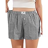 COOTRY Plus Size Women Boxer Shorts Cotton Plaid Gingham Shorts Casual Pajama Sleep Shorts Y2K Beach Bottoms