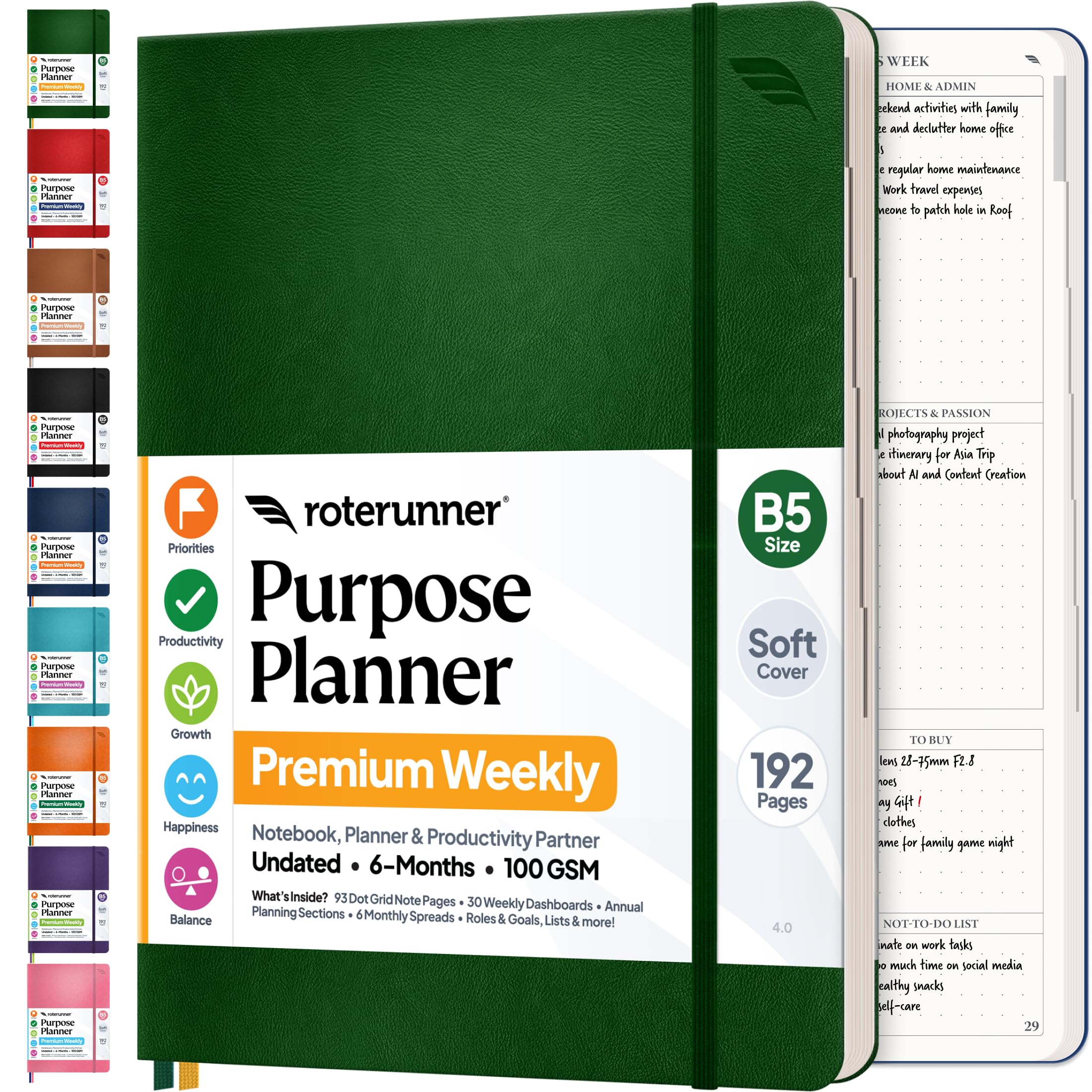 Purpose Planner B5 Undated Monthly Weekly Daily Productivity Journal 2024 Life Health Goal Setting Business Tool for Professionals Moms Academic Student Organizer Notebook (7.5”x9.8” Green Softcover)