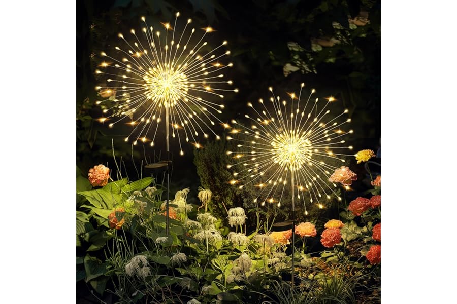 GIGALUMI Garden Decor Outdoor Lights 120LED 2Pack, Solar Garden Lights Outside Fairy Firework Decorative,Solar Powered for Yard Pathway Flowerbed Planter Balcony Patio 4th of July Decor (Warm White