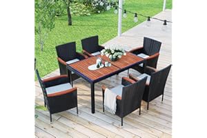 LZ LEISURE ZONE Patio Furniture Set, 7 Piece Outdoor Dining Table Set, Wicker Rattan Dining Table and Chairs Set, Patio Conversation Set with Cushions, Black+Reddish-Brown