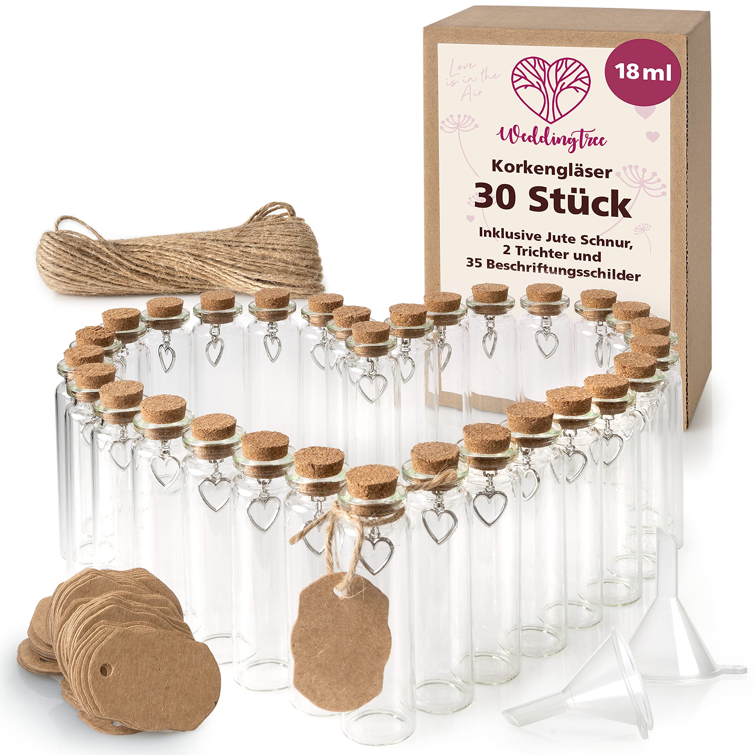 WeddingTree 30x18ml Small Glass Bottles with Cork Lids - Mini Bottles with Heart Pendant and Funnel - For Presents Wedding Decoration and Spices