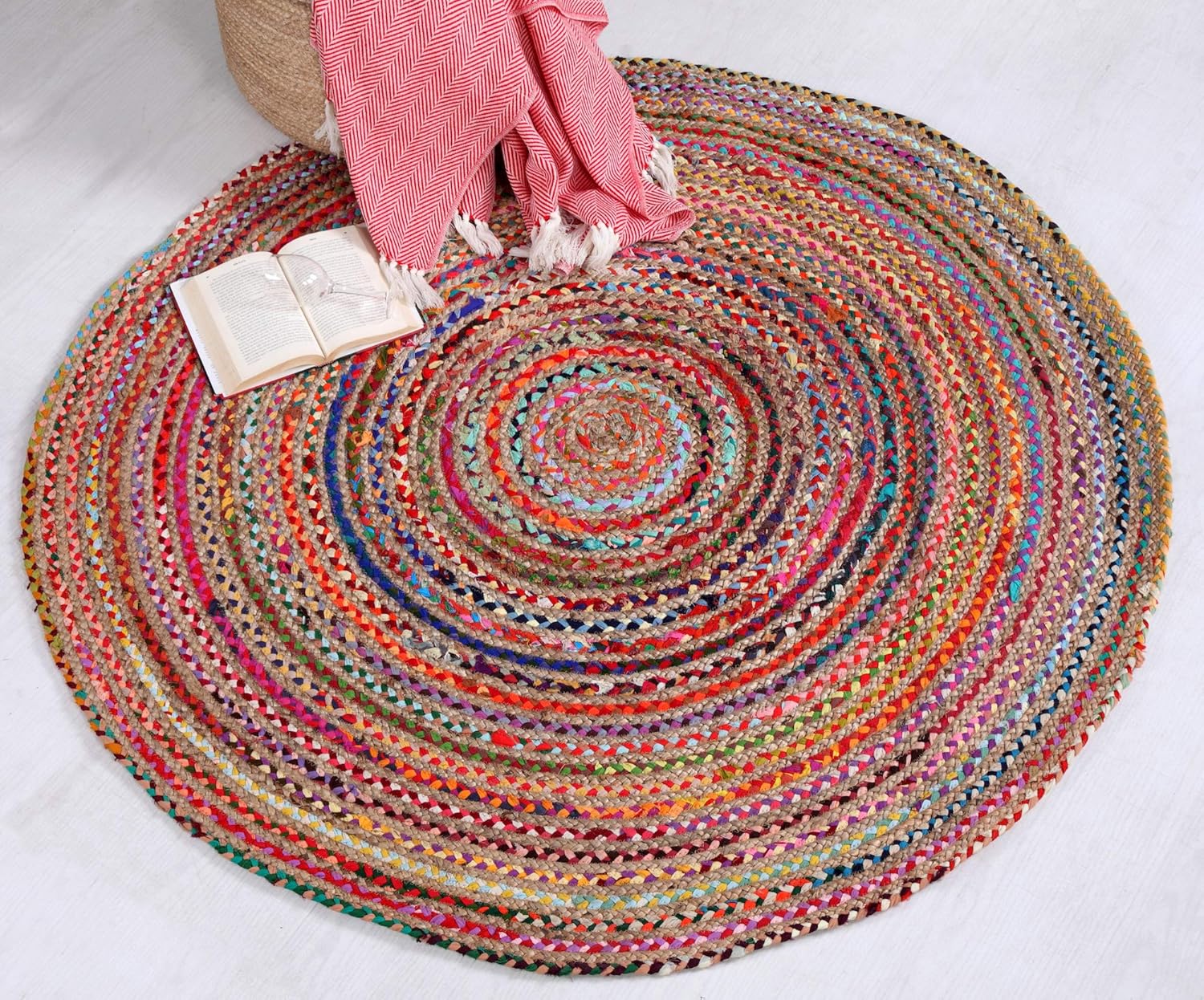 Second Nature Online Mishran Eco Friendly Medium Round Braided Rug Flat Weave with Natural Jute and Multi Colour Recycled Material 120 cm Diameter