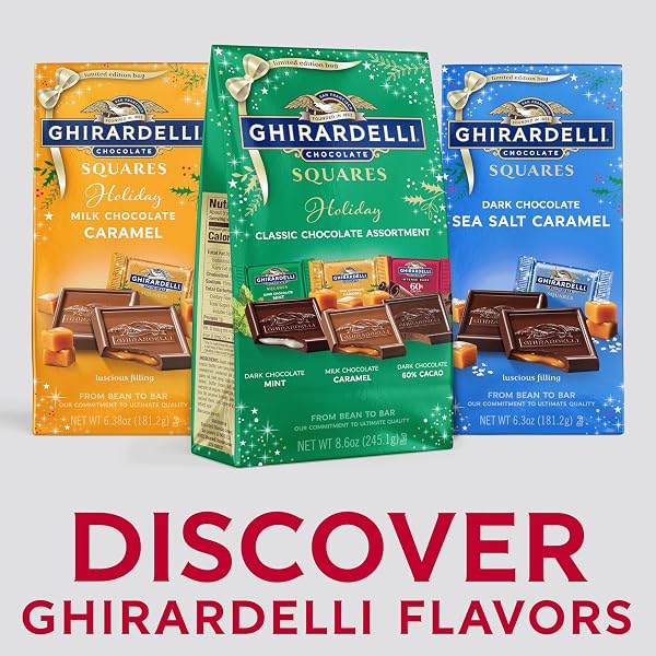 GHIRARDELLI HOLIDAY CLASSIC CHOCOLATE ASSORTMENT SQUARES – LIMITED EDITION MILK & DARK CHOCOLATE CANDY WITH CARAMEL AND MINT FLAVORS, INDIVIDUALLY WRAPPED, 8.6 OZ BAG