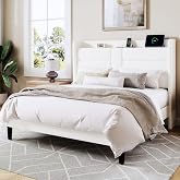 Allewie Full Size Platform Bed Frame with Charging Station &amp; Storage Headboard, Upholstered Velvet Wingback Design &amp; USB Port, Strong Wooden Slats Support, No Box Spring Needed, Easy Assembly, White