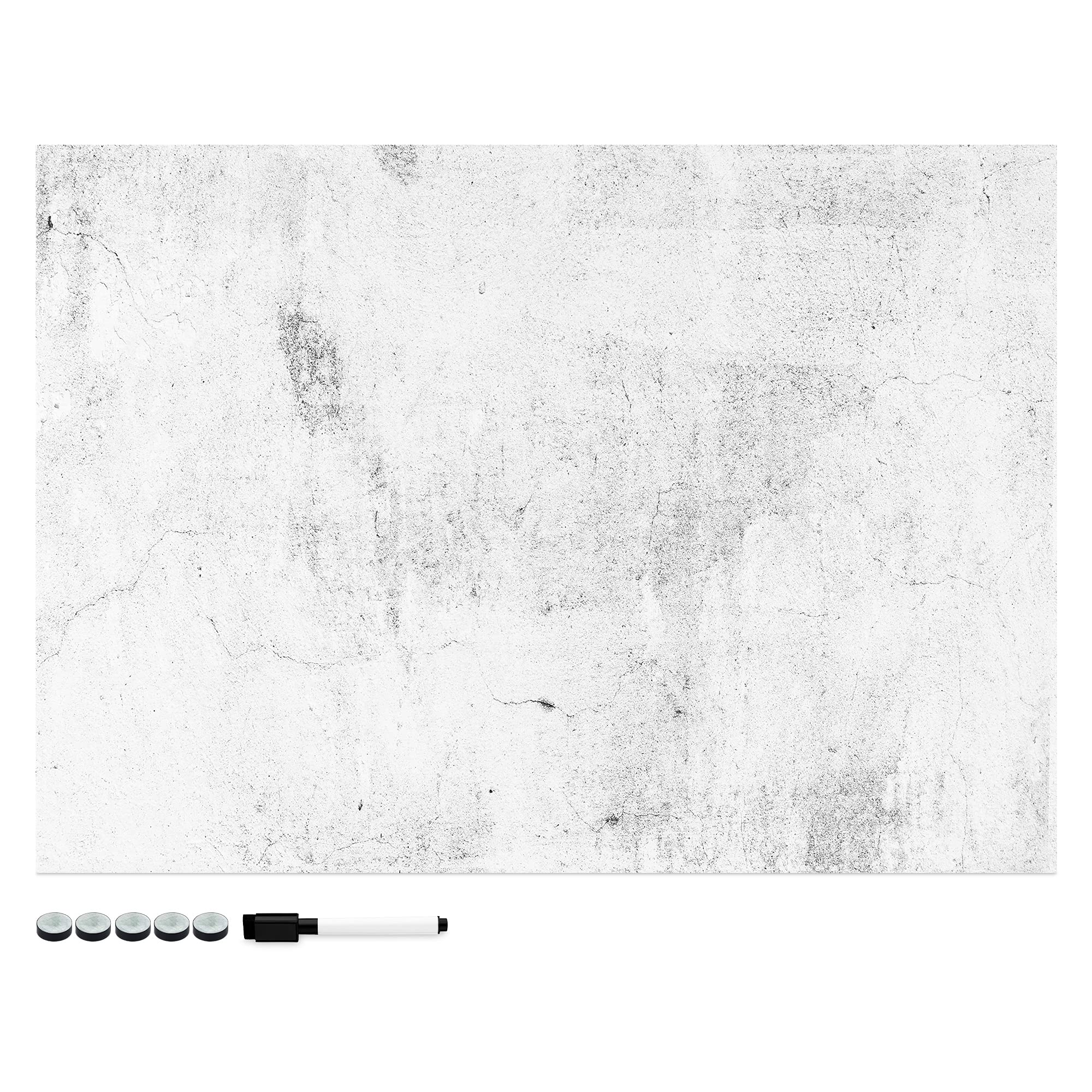 Navaris Magnetic Memo Board Whiteboard - 70 x 50 cm Dry Erase White Board with Design for Wall - Includes Marker and Magnets - Concrete