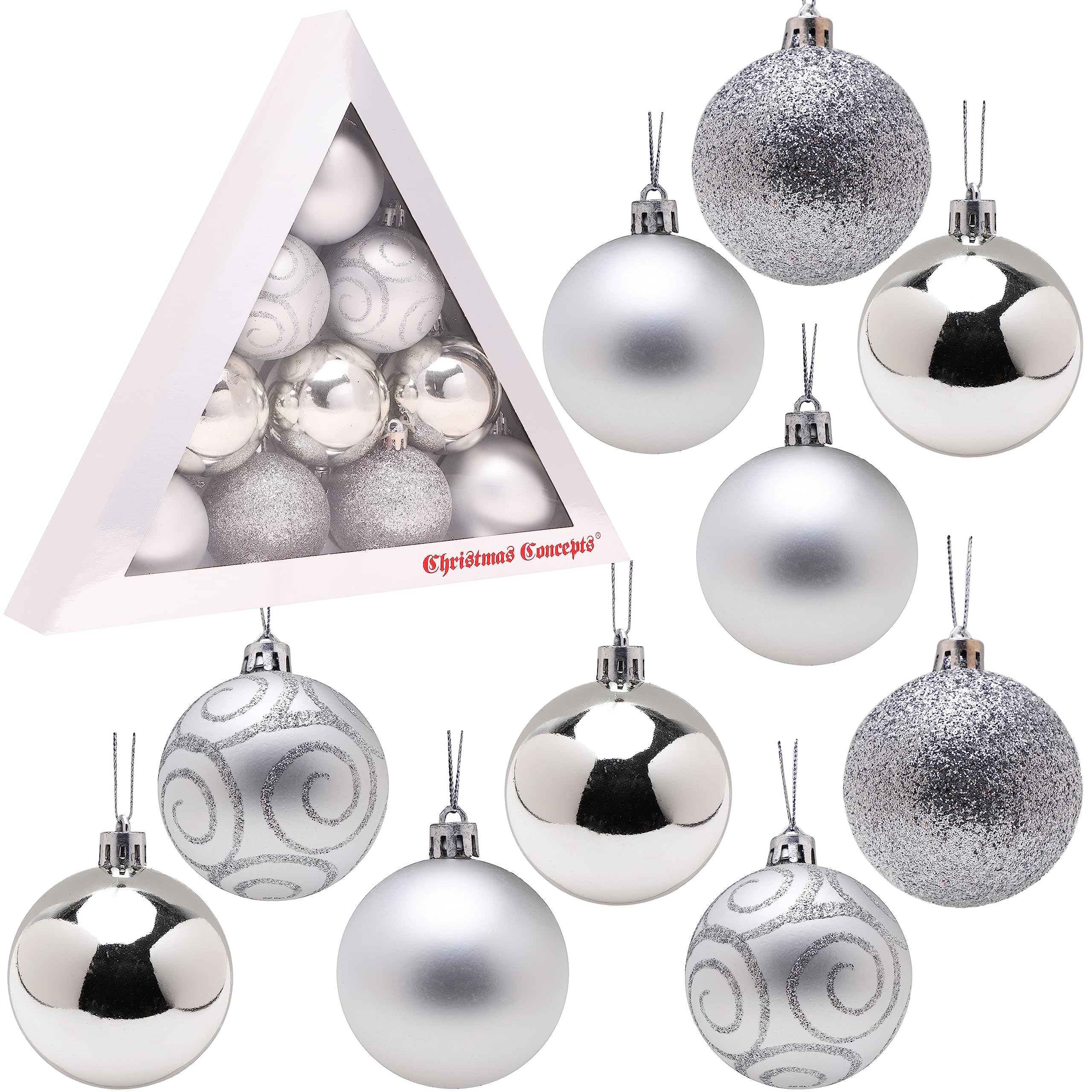 Christmas Concepts® Pack of 10-60mm Christmas Tree Baubles - Shiny, Matte & Glitter Decorated Baubles (Silver)