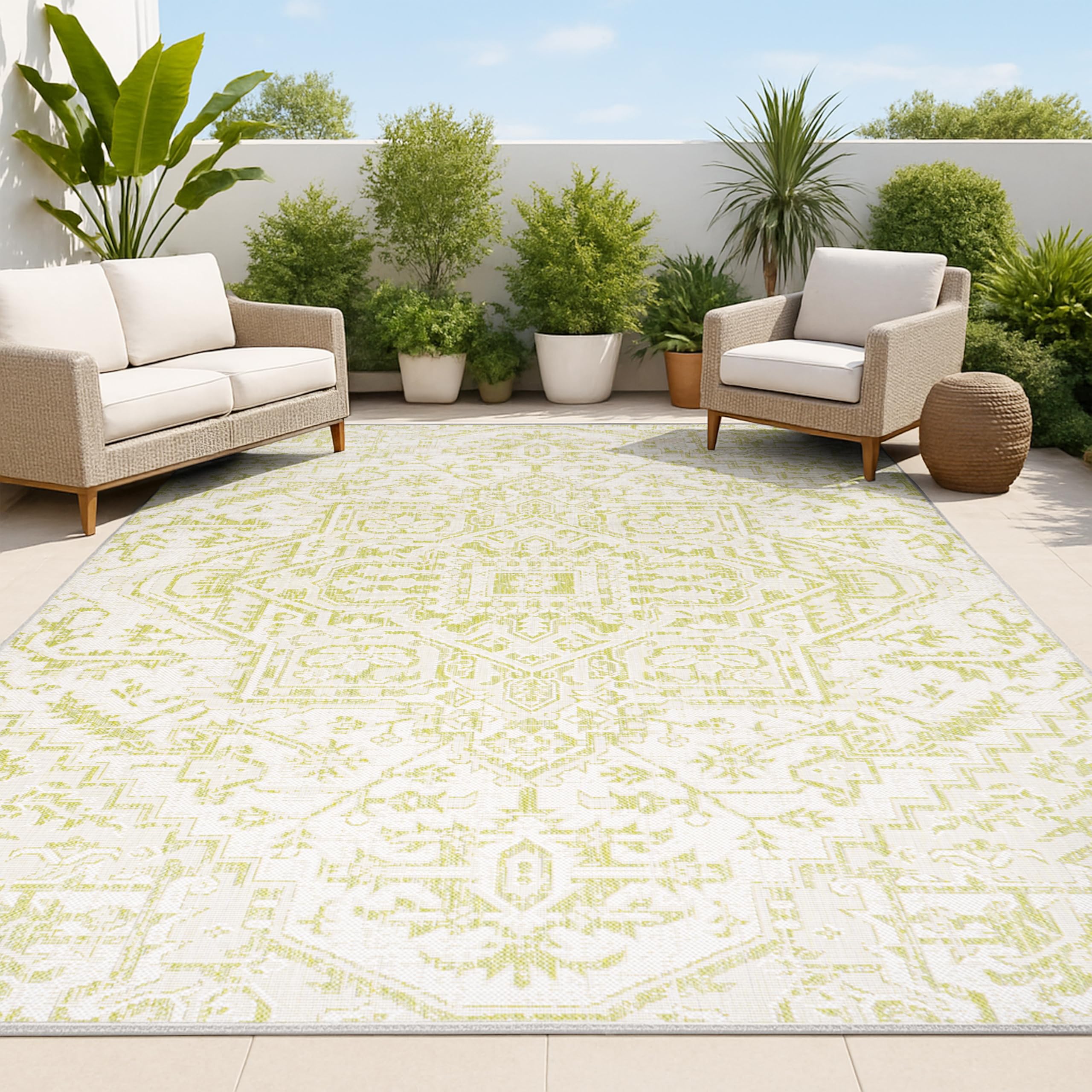 JONATHAN Y Boho Medallion Indoor Outdoor Area Rug 9X12 Cream/Green, Estrella Textured Weave for Backyard, Patio, Porch, Easy-Cleaning, High Traffic, Pet-Friendly, Non-Shedding (SMB105E-9) Image