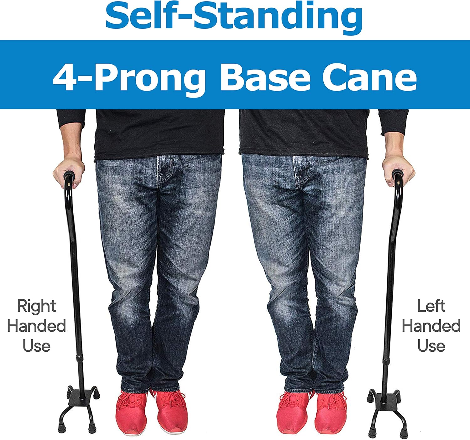 RMS Quad Cane - Adjustable Walking Cane with 4-Pronged Base for Extra Stability - Foam Padded Offset Handle for Soft Grip - Works for Right or Left Handed Men or Women (Black): Sports & Outdoors