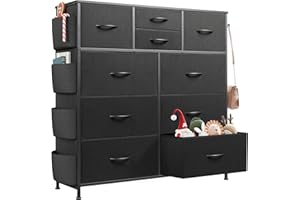 WLIVE Dresser for Bedroom with 10 Drawers, Fabric Dresser Chest of Drawers with Side Pockets and Hooks, Sturdy Metal Frame, Drawers Organizer Unit for Living Room, Hallway, Black