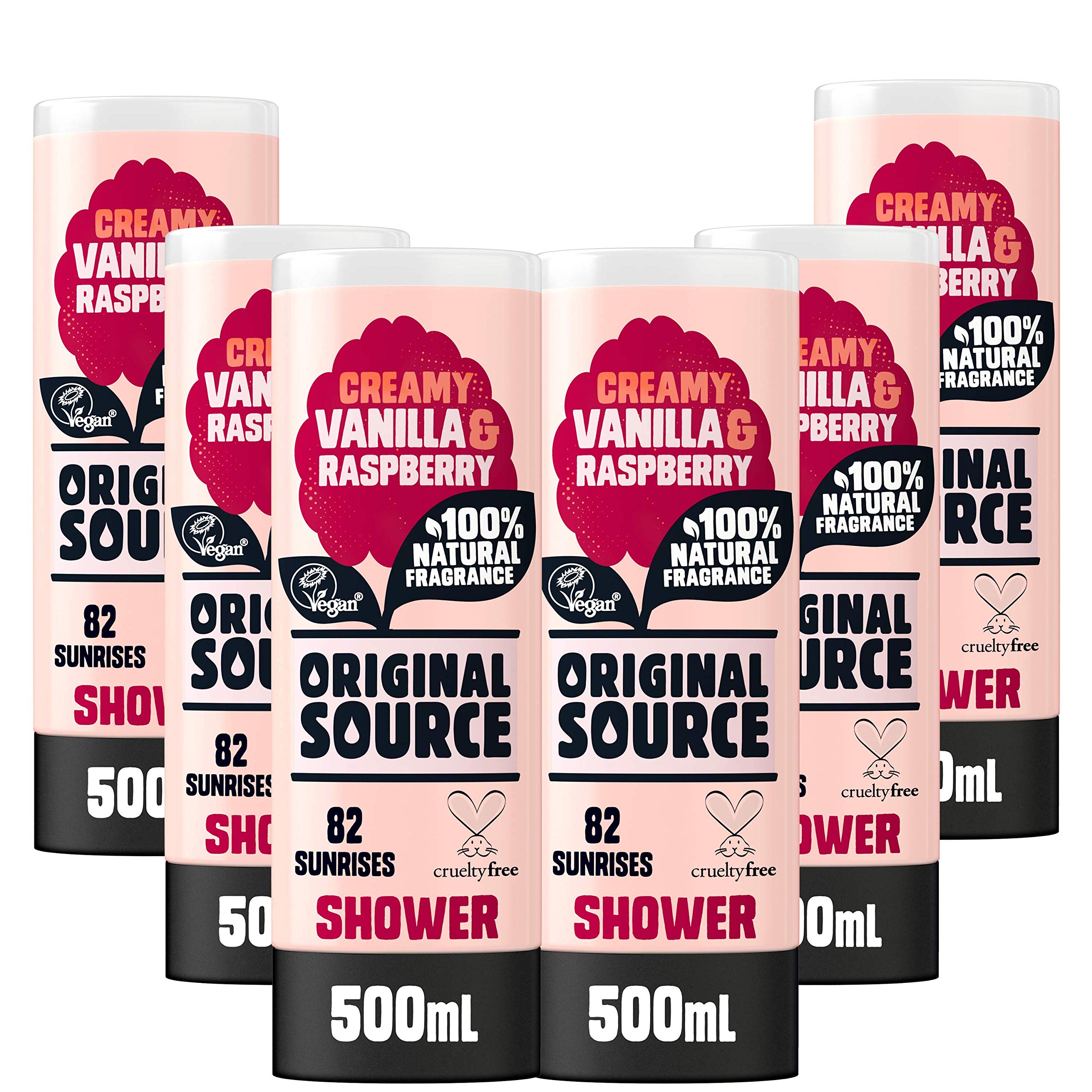 Original Source Vanilla Milk and Raspberry Shower Gel, 100 Percent Natural Fragrance, Vegan, Cruelty Free, Paraben Free, Bulk Buy, Pack of 6 x 500 ml
