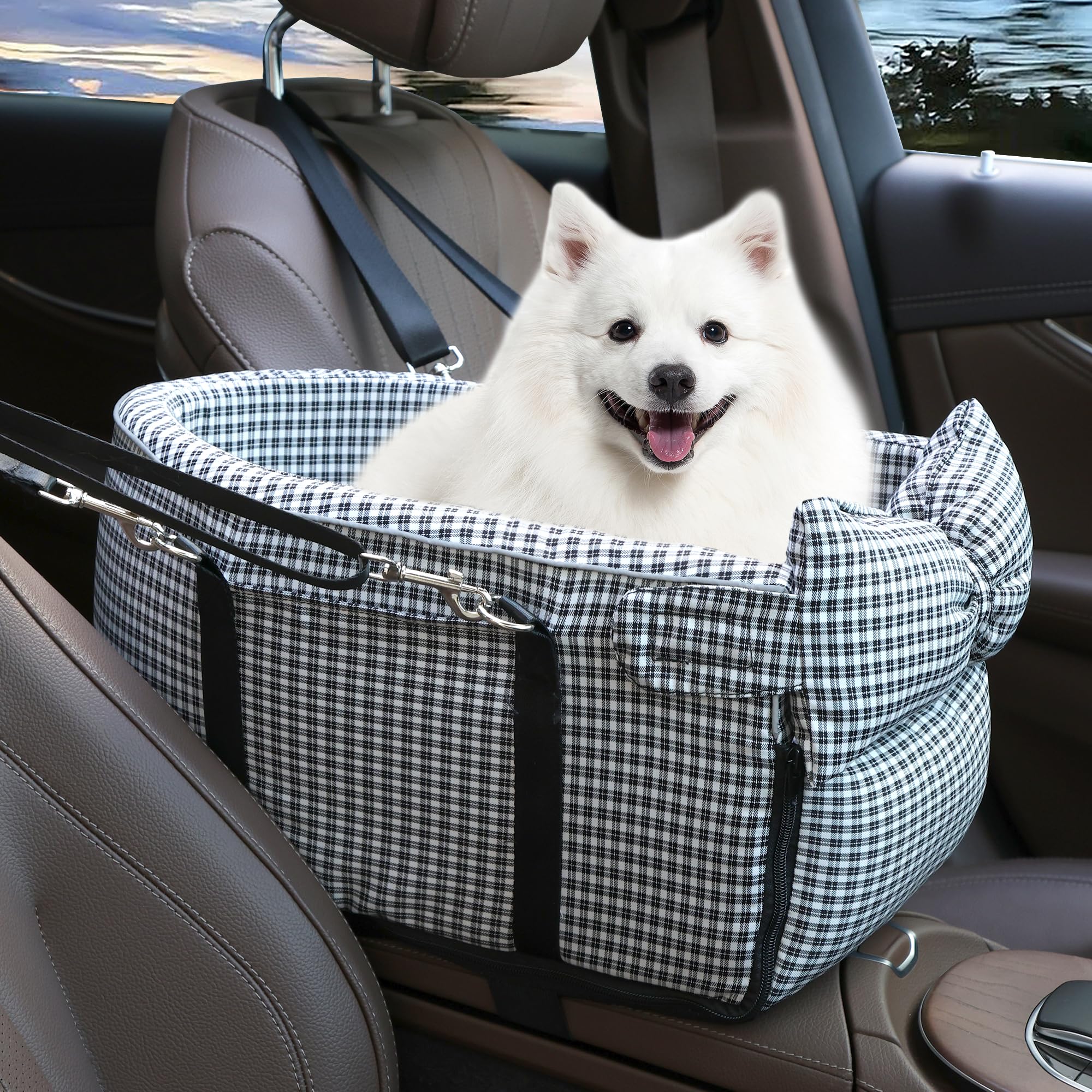 Photo 1 of Center Console Dog Car Seat Dog Bed for Car Console Portable Armrest Booster Seat Carrier for Small Medium Dogs Anti-Collapse for Puppy Pet Up to 15 Lbs?Grid Black?