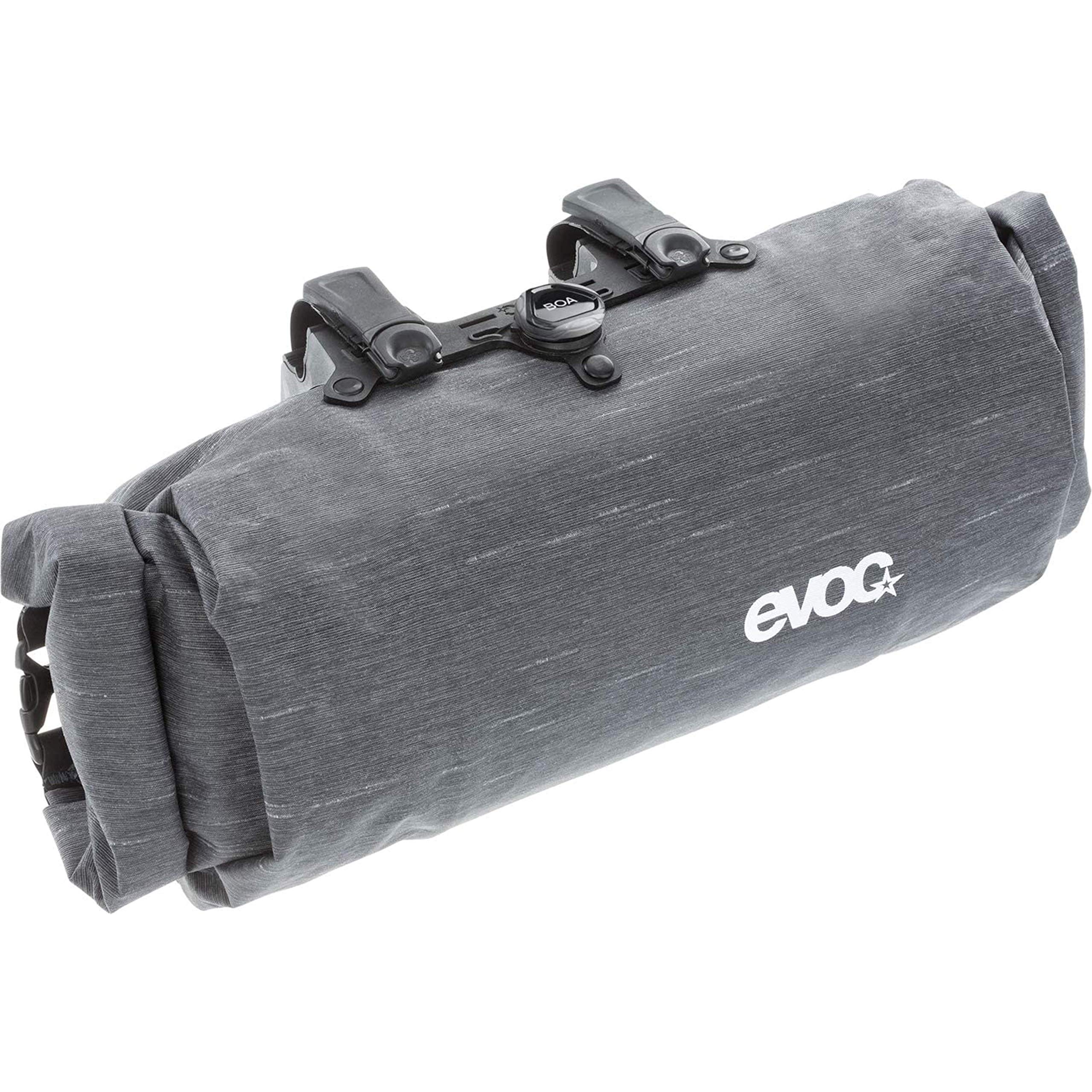 EVOC HANDLEBAR PACK, handlebar bag for extra storage space (Size: M, 2,5L, BOA twist fit system, access from both sides, waterproof and dirt-repellent), Carbon Grey