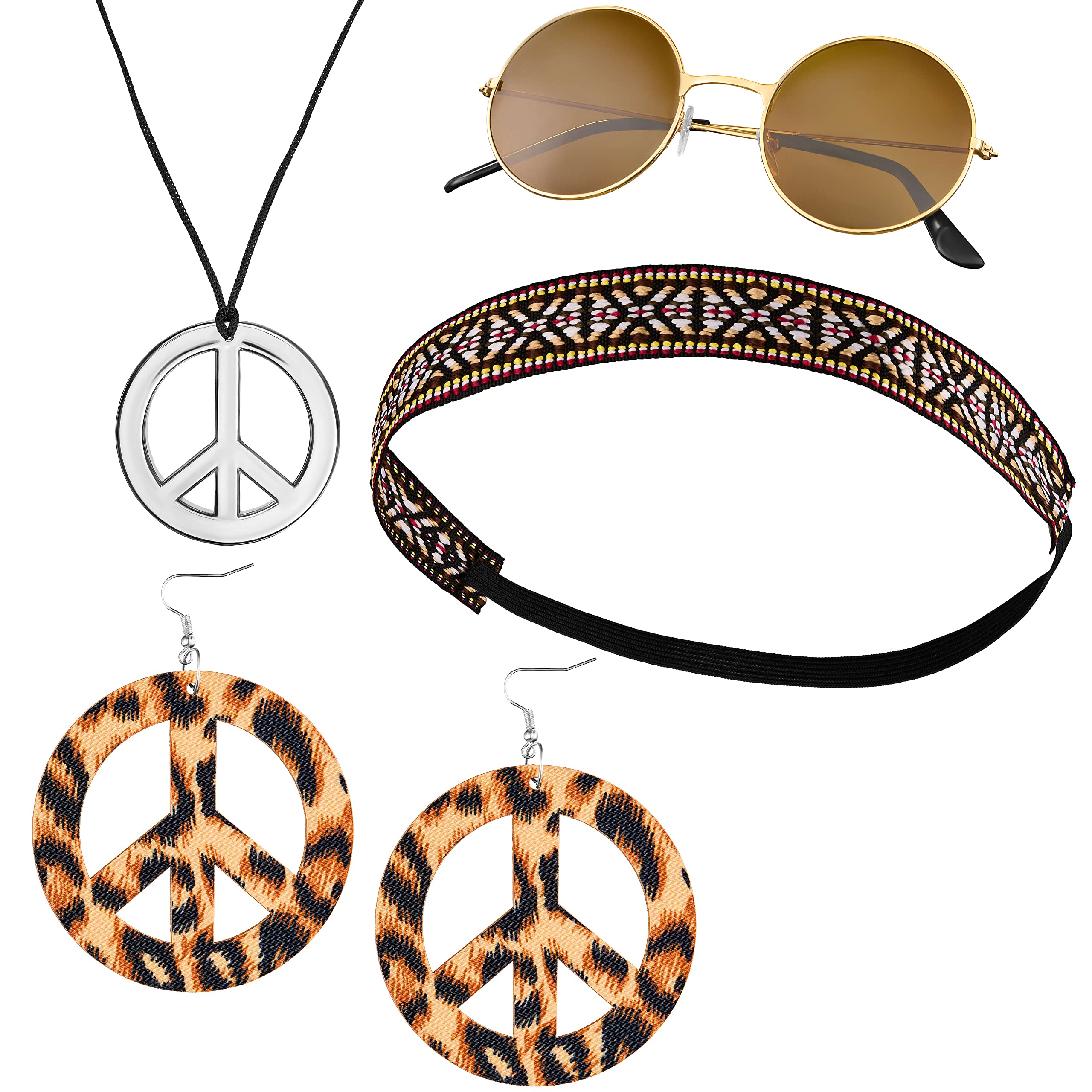 Balinco 4-piece Hippie Set with Indian Headband | Round Nickel Sunglasses with Brown Lenses | Peace Necklace Silver | Peace Earrings