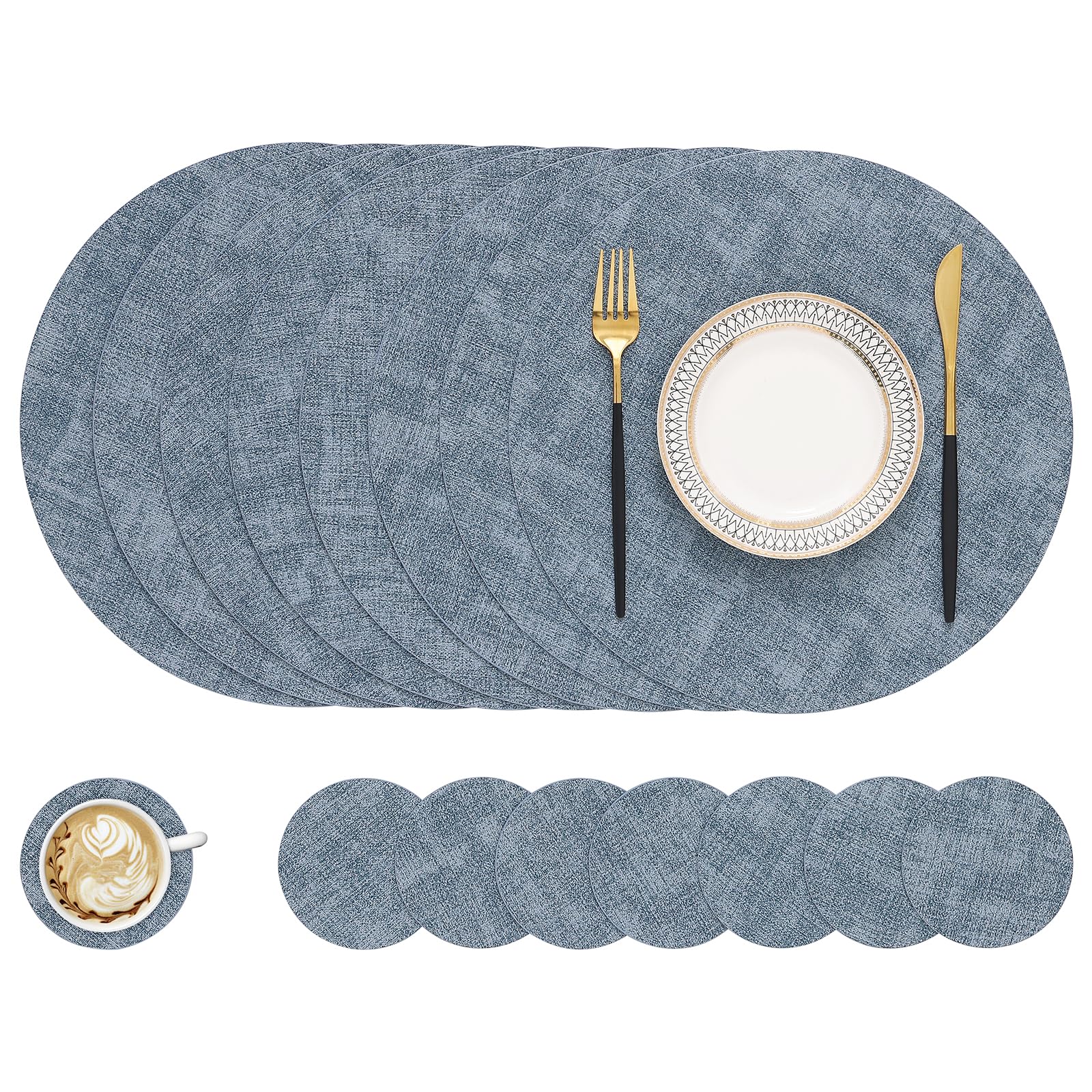 homing Round Faux Leather Placemat and Coaster 8 Packs, Washable Heat Resistant Dining Place Mats, Wipeable Double-Sided Table Mats for Indoor and Outdoor, Diameter 13 and 3.93 inch, Blue Image