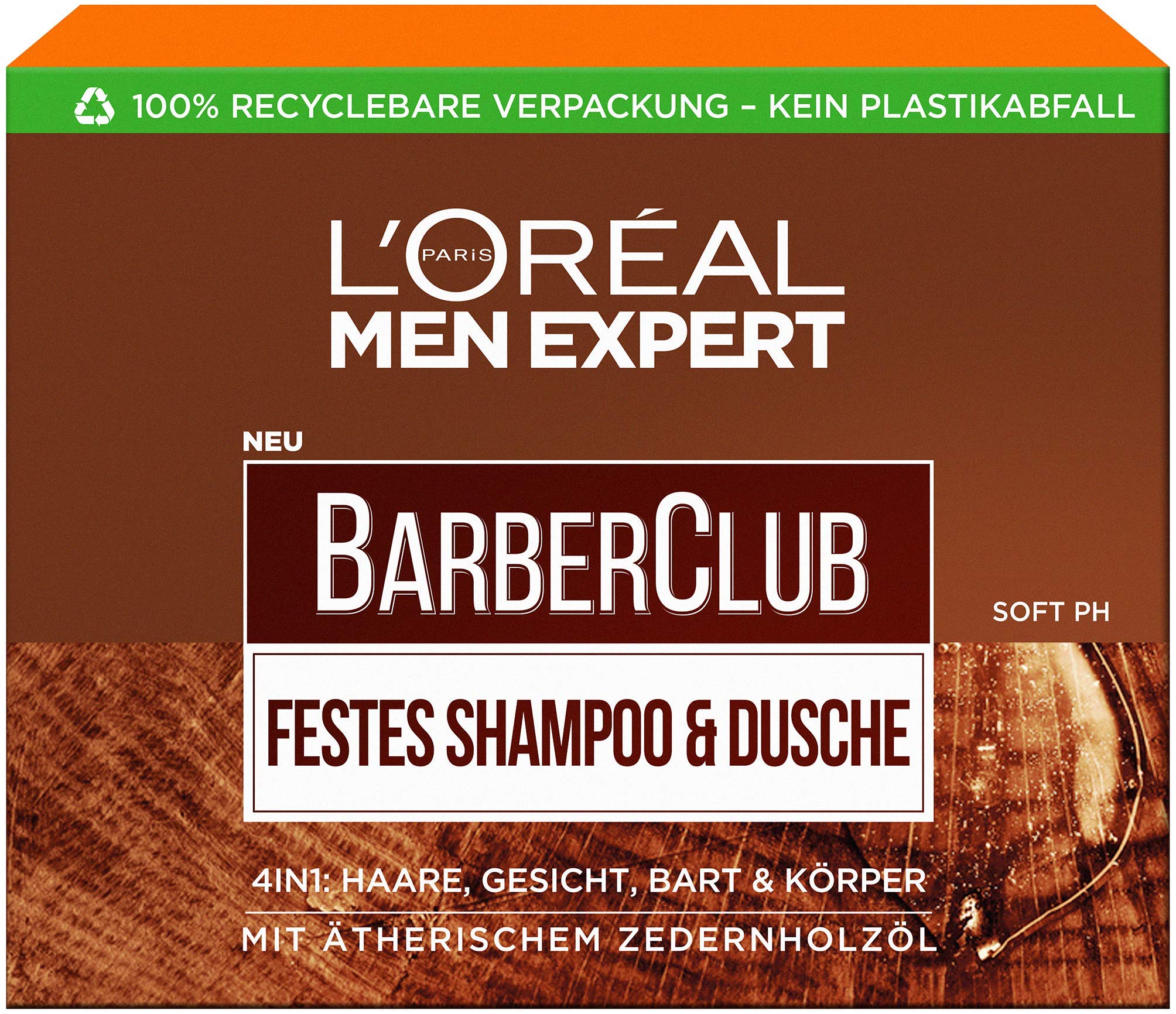 L'Oréal Men Expert Solid Shampoo for Men, XL Soap Piece for Cleansing Body, Hair & Beard with Nourishing Cedarwood Oil Complex, Barber Club 1 x 80 g
