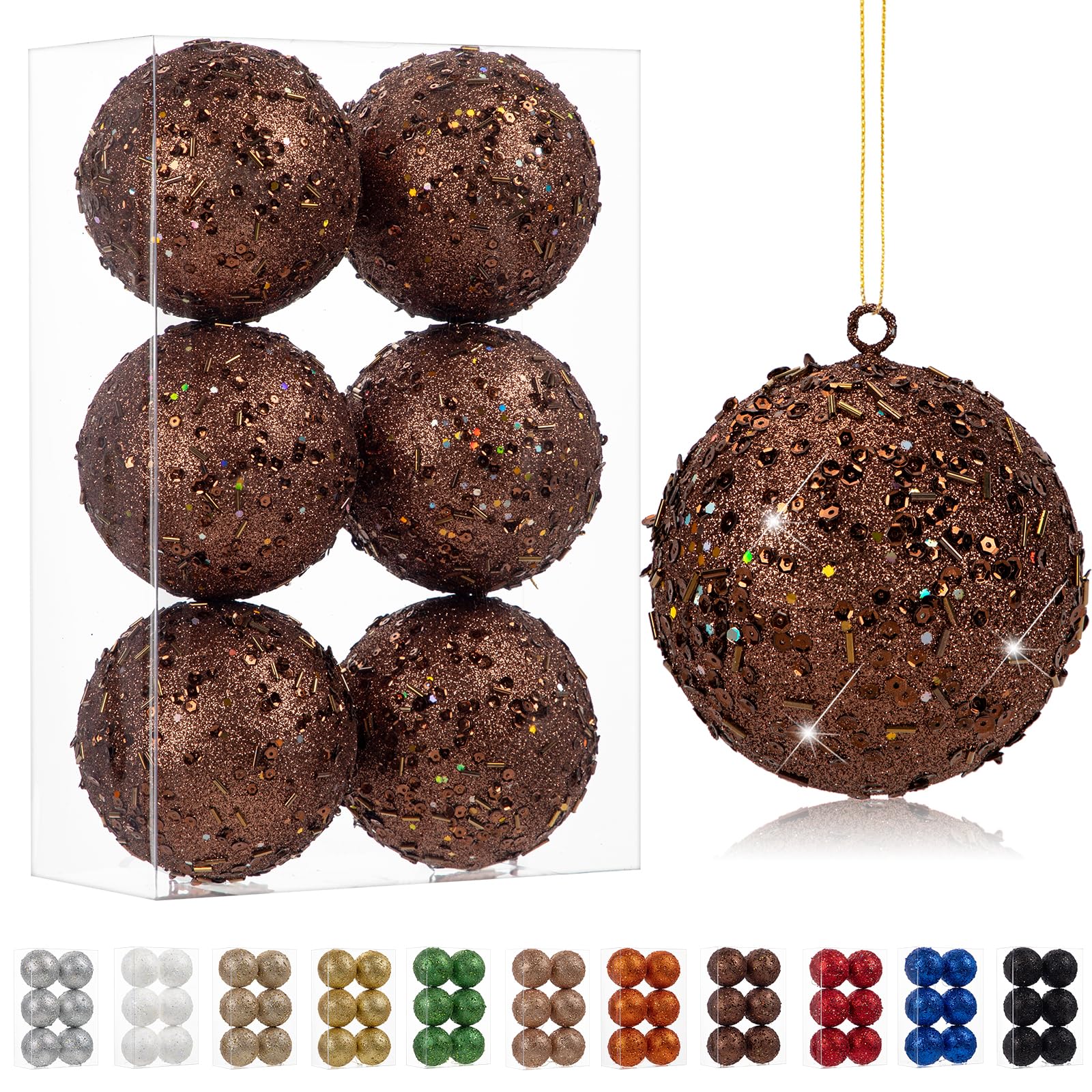 Oairse 10cm Large Christmas Bauble Ornaments 6 Pcs Shatterproof Big Bronze Bauble for Xmas Tree Glitter Christmas Tree Ornaments for Halloween Holiday Wedding Party Decoration