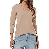 QUALFORT Women's V-Neck Long Sweater Lightweight Pullover Tunic Cotton Sweaters Long Sleeve Knit Comfort Causal Tops