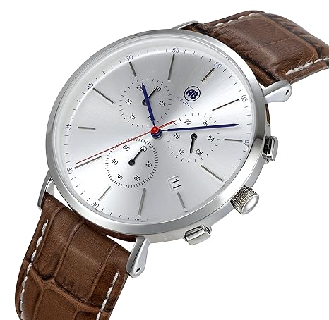 AIBI Mens Chronograph Watches Waterproof Brown Leather Strap Silver Dial with Date and Stopwatch