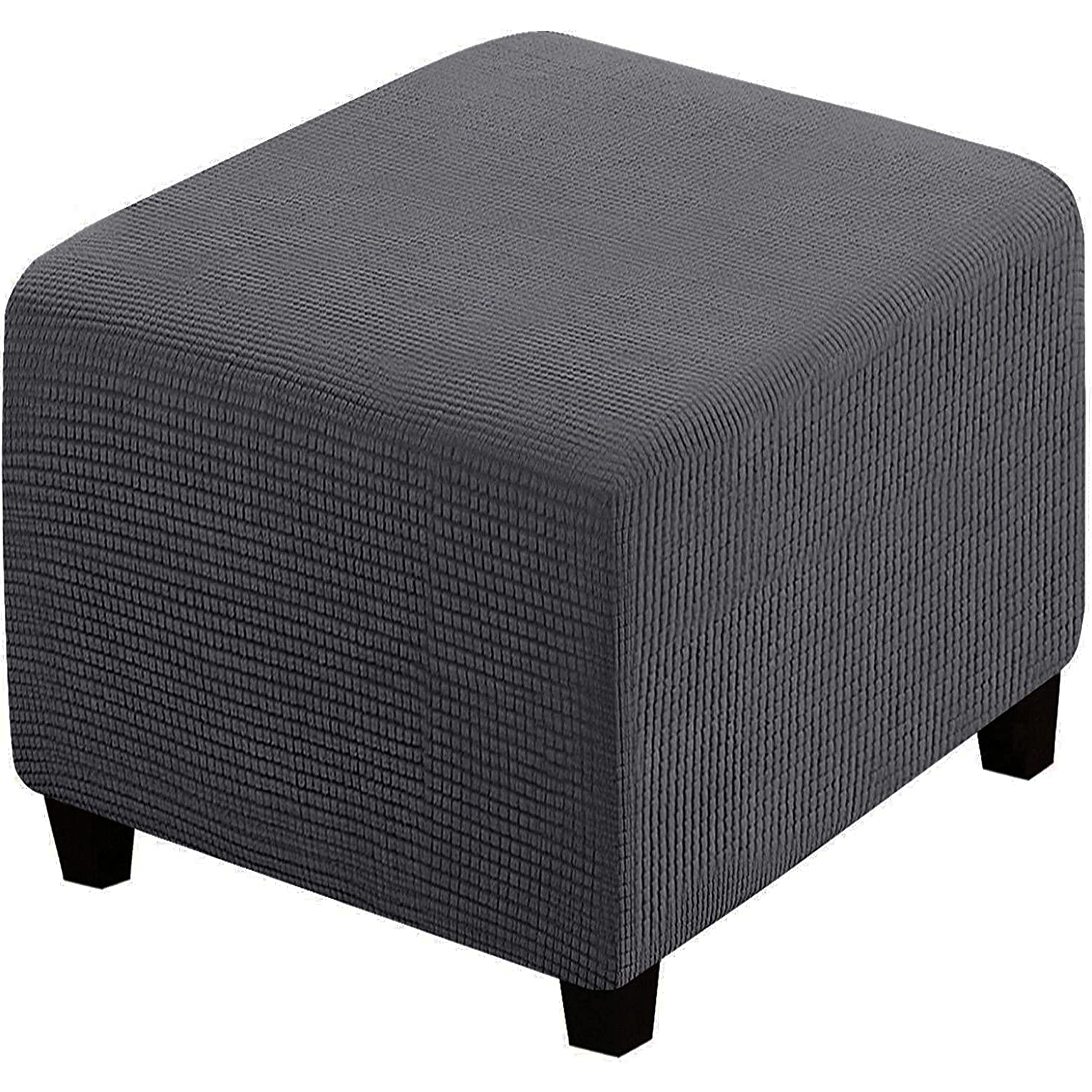 qiden Square Footstool Cover Jacquard Plush Thicker Large Stretch Pouffe Cover Anti-Slip Ottoman Slipcovers With Elastic Bottom, Machine Washable-dark grey-Small
