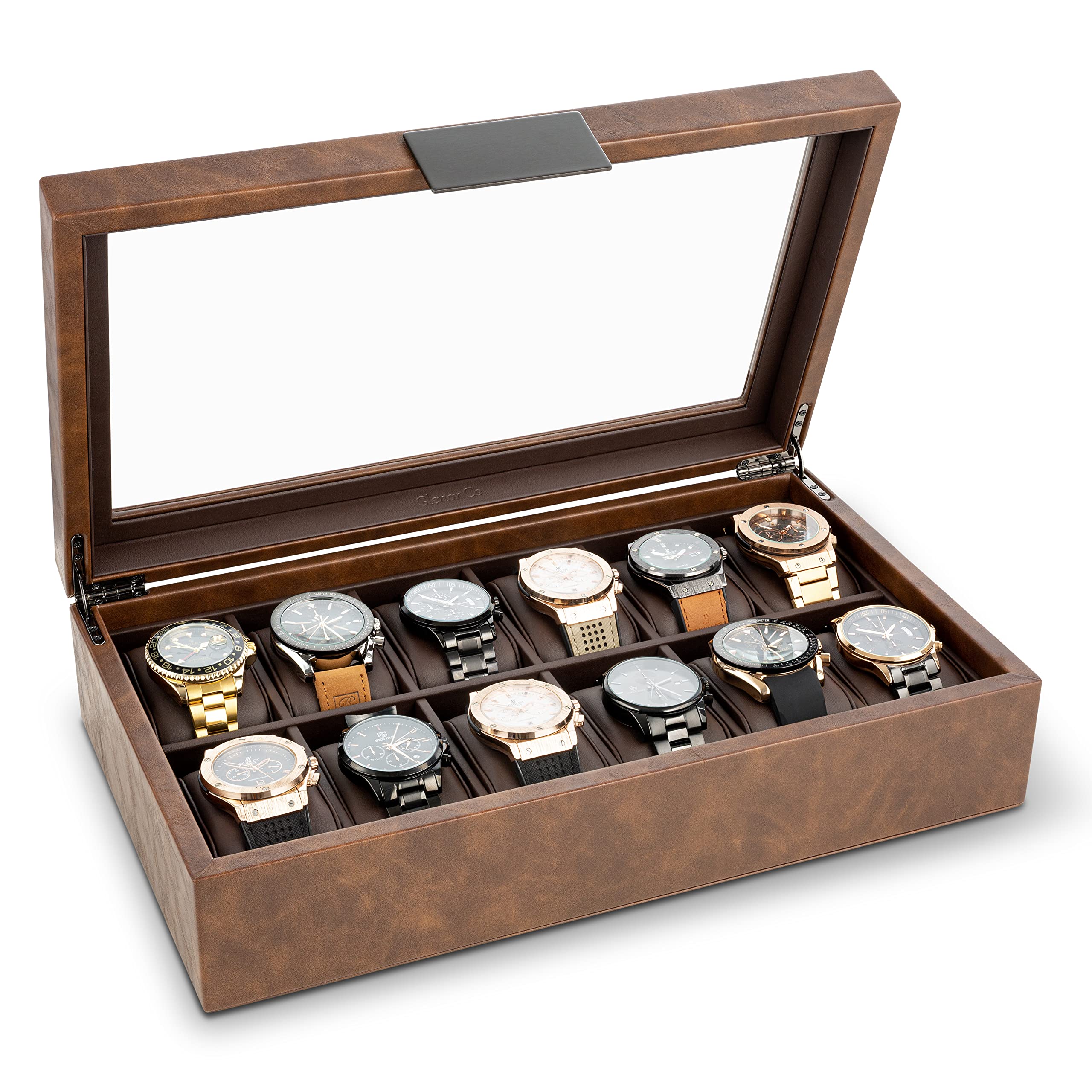 Glenor Co Watch Box for Men - 12 Slot Luxurious & Masculine Watch Case, Sturdy Hinges, Large Watch Holder, Glass Top Watch Organizer for Men - Metal Accents - PU Leather Brown