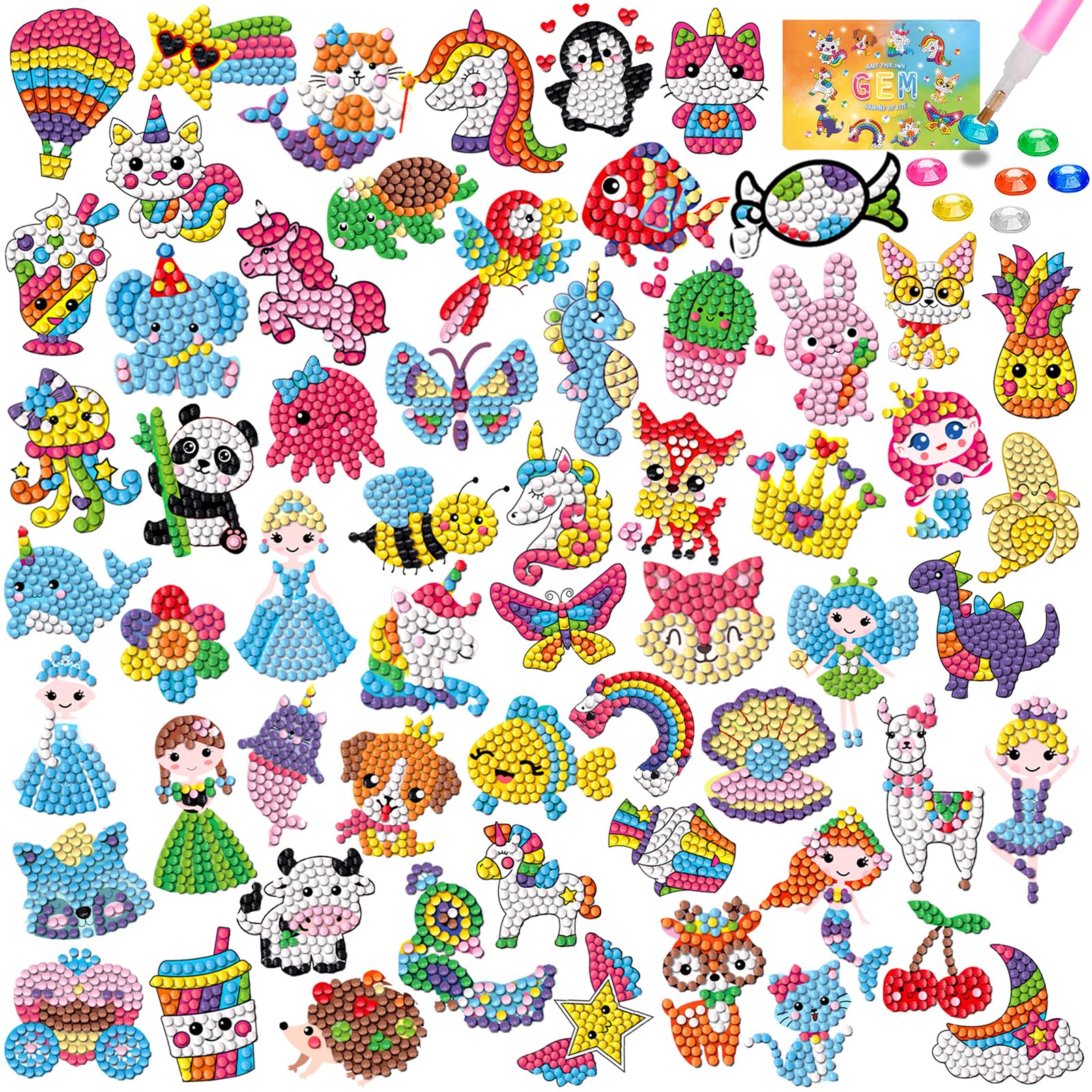 CAYUDEN Diamond Painting Stickers, 60pcs Gem Sticker Kids Cute Animal DIY Diamond Art Craft Kit 5D Diamond Dots Cartoon Mosaic Stickers Gem Stickers Art and Crafts Kit for Kids 4 6 8 10 12