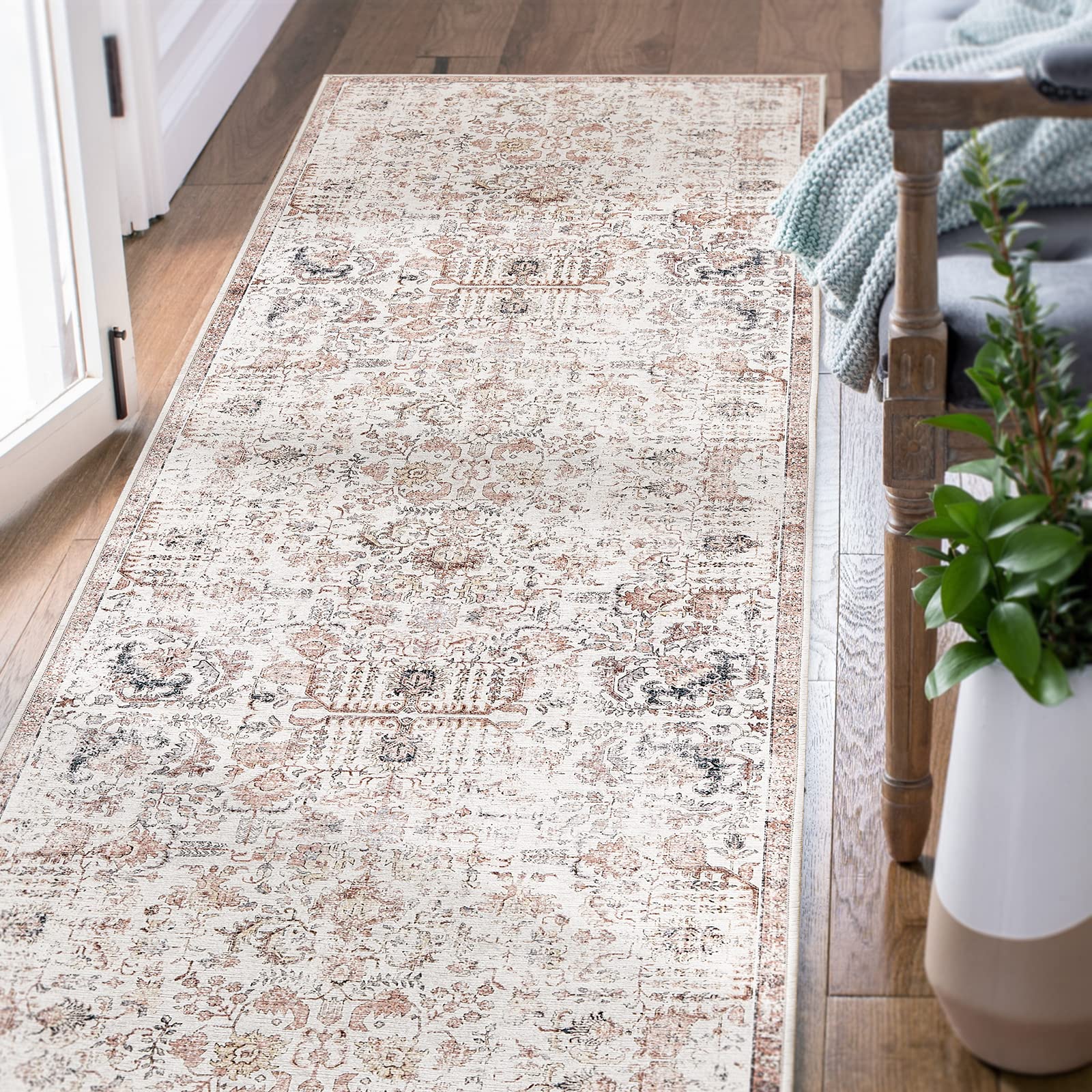 TOPICK Runner Rug 60x150cm Hallway Runner Washable Boho Floral Red Rug Thin Non Slip Carpet for Kitchen Bathroom Bedroom Entrance
