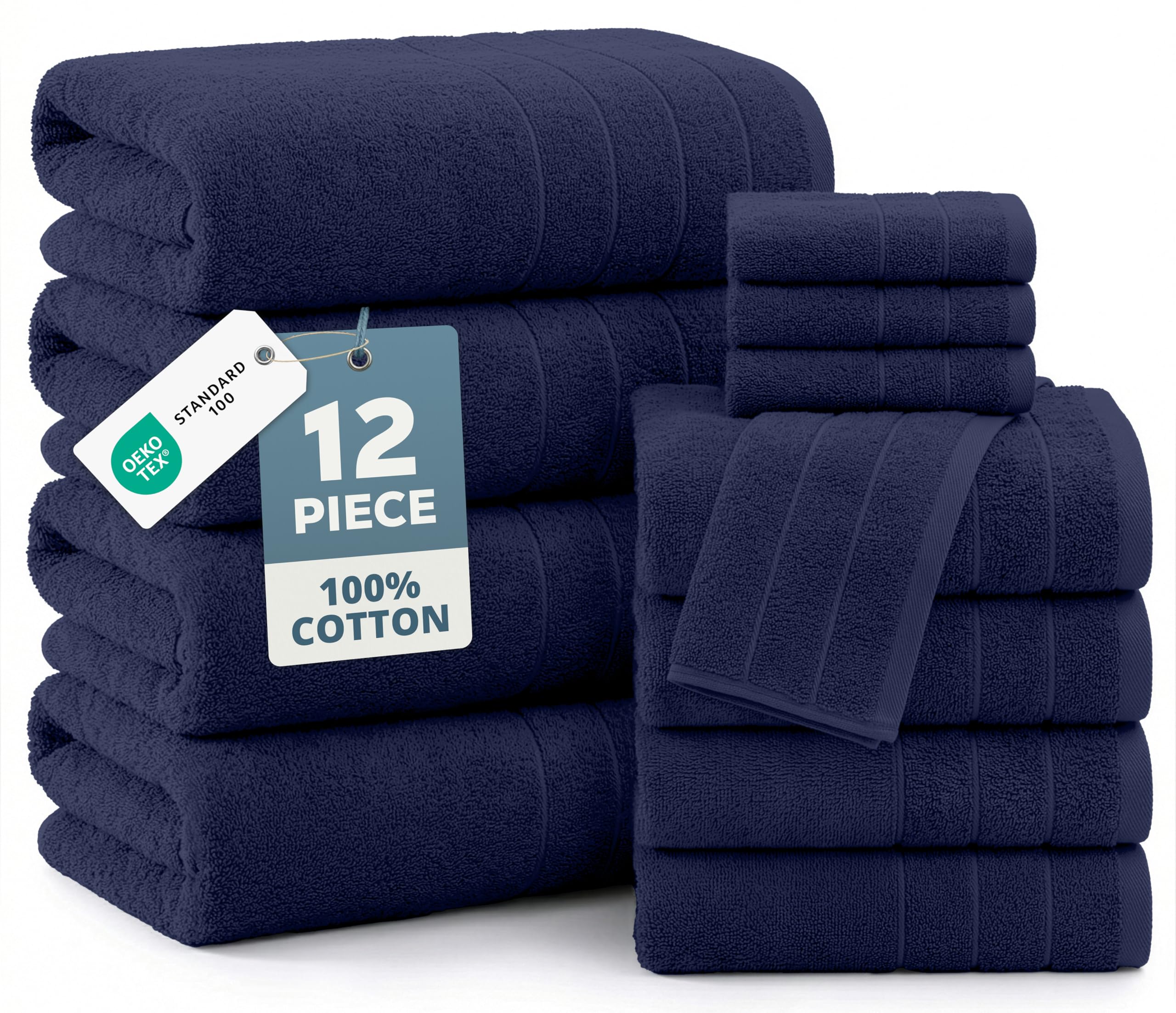 casa platino bathroom towel set 12 piece soft absorbent quick dry - navy