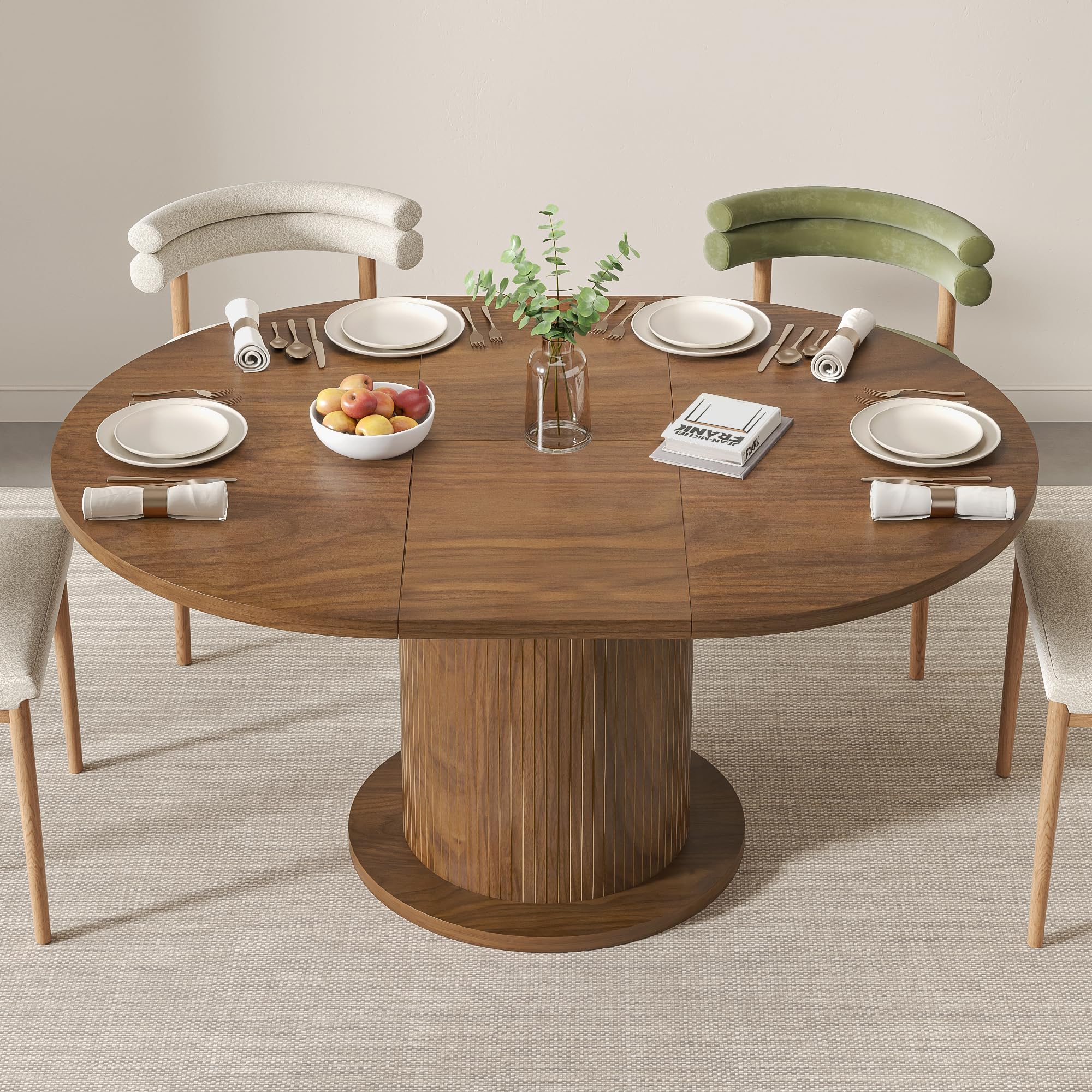 Photo 1 of 43.3 inch 59 inch Adjustable Size Round Dining Table for 4 6, Unique Design Modern Farmhouse Kitchen Table, Circle Dining Tables with Wood Strip Base for Kitchen Living Room (Walnut)