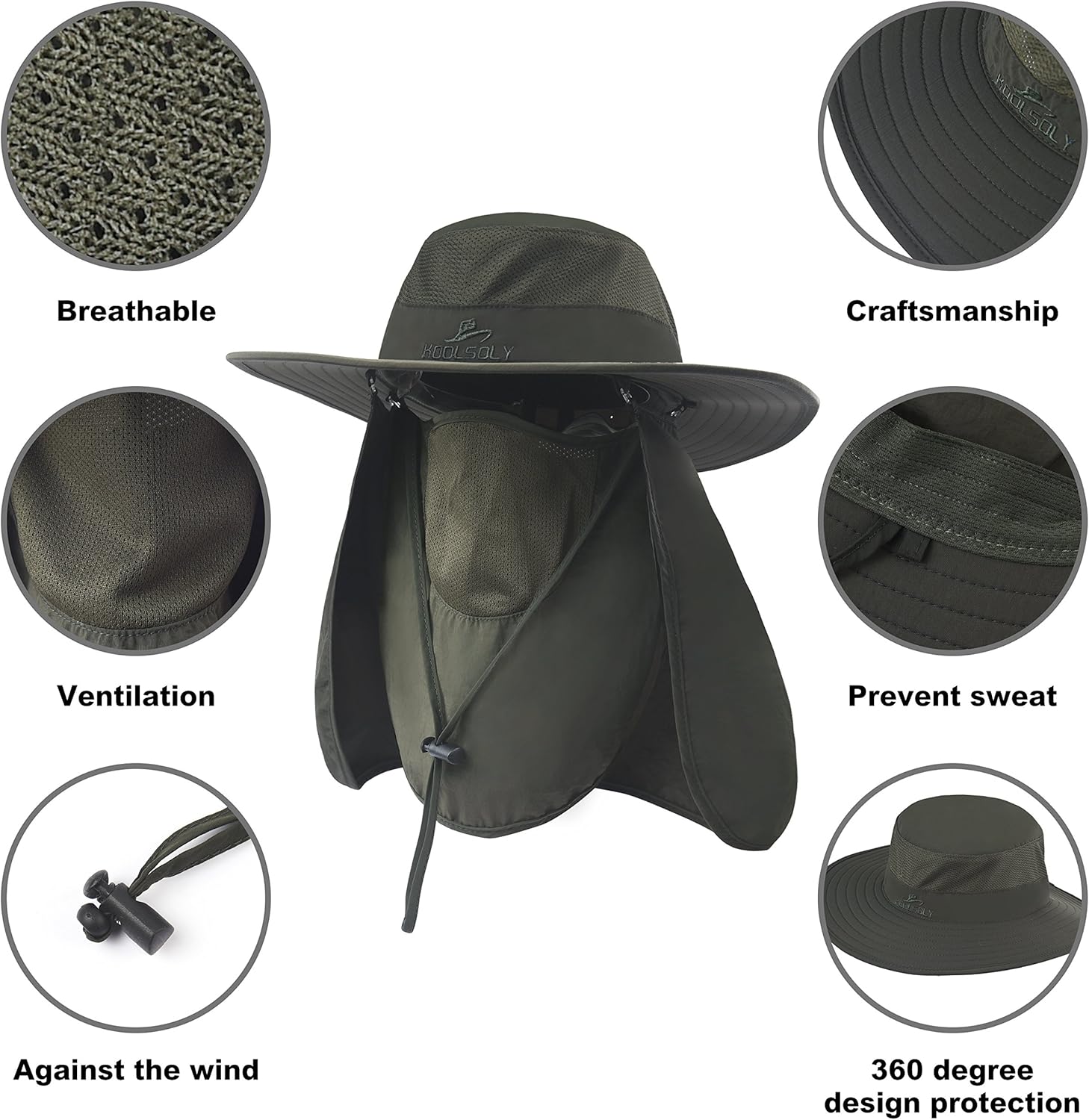 KOOLSOLY Fishing Hat, Sun Cap with UPF 50+ Sun Protection and Neck Flap, for Man and Women : Clothing