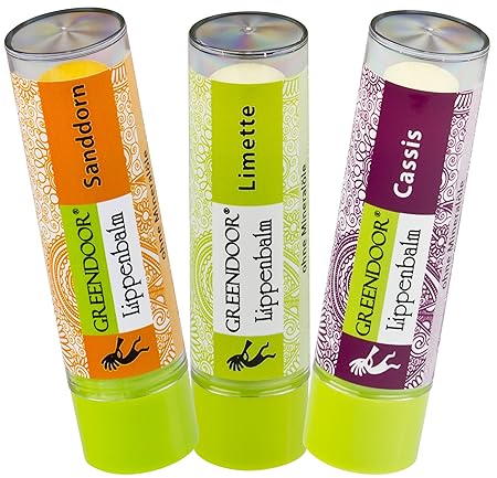Lippenpflege-Set FRUCHT: Sanddorn, Cassis, Limette - 3 fruchtig-pflegende Lippenbalsam, natürliche Greendoor Lippen-Pflegesti