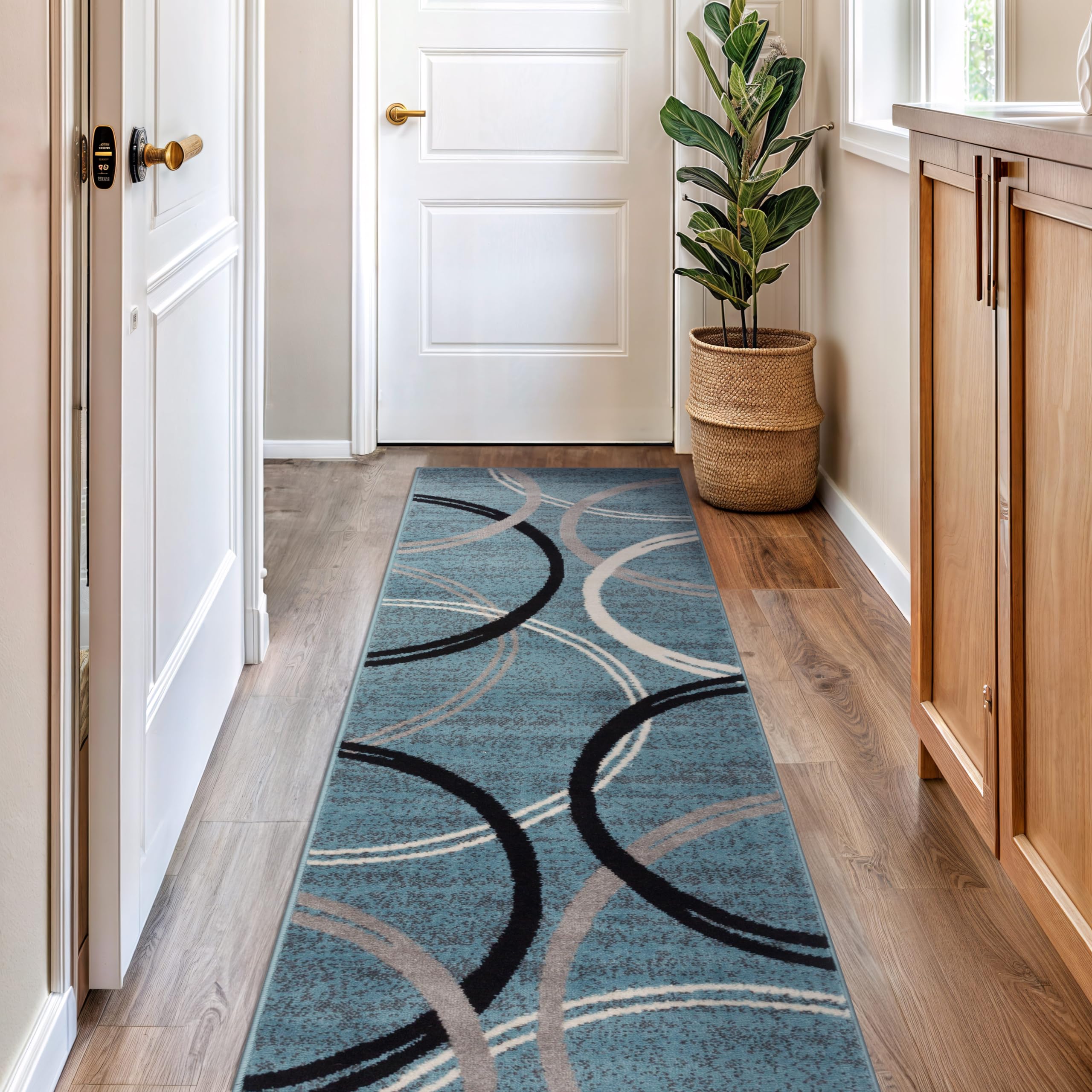 Rugshop Modern Wavy Circles Design Runner Rug, Non-Shedding Carpet for Hallway, Kitchen, or Foyer, Blue, 2'7" x 8' Image