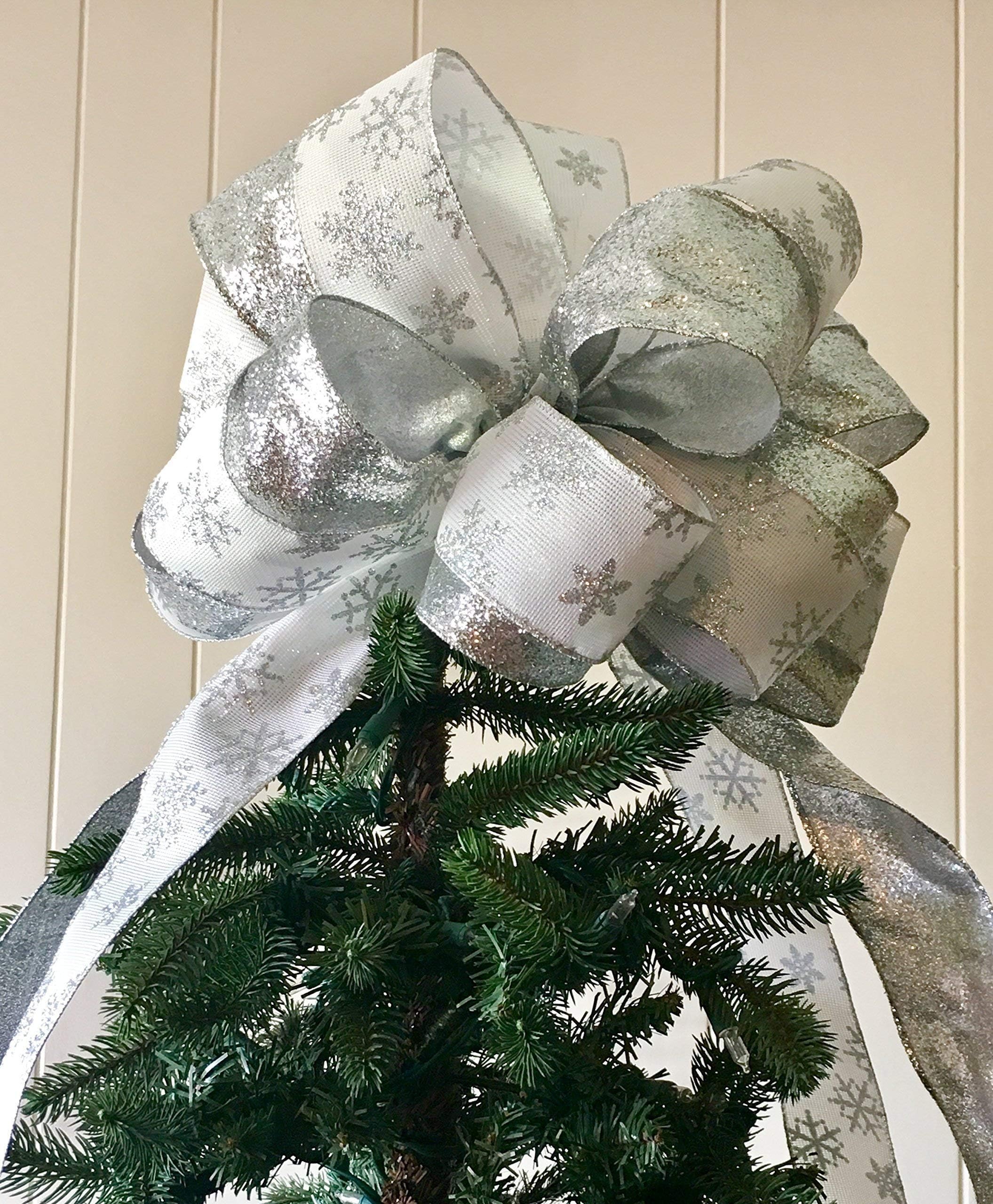 Winter's White Glittered Snowflake Tree Topper Bow Large/The Frosty Collection/Custom Bows By Jami