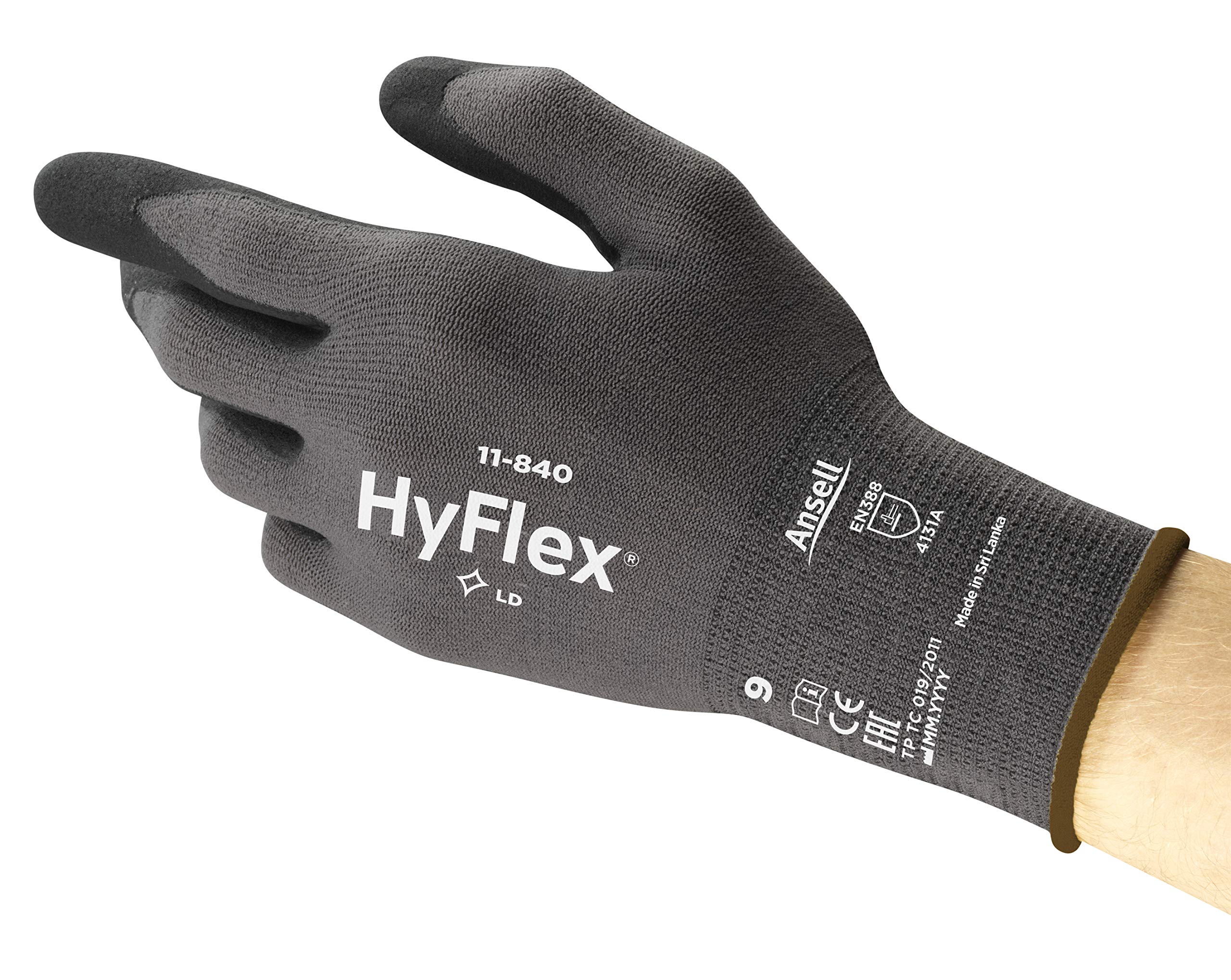 Ansell HyFlex 11-840 Professional Work Gloves, Resistant Mechanical Gloves with Patented Technologies, Multi-Purpose Gloves, Assembly, Mechanics, Industrial, Black, Size 2XL (1 Pair)