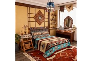 Manfei Aztec Geometric Kids Bedspread Twin Size,Southwest Tribal Ethnic Boho Coverlet Set,Girls Boys Room Decor,Rustic Farmhouse Bohemian Quilted Coverlet,Teal Red Brown Bedding Quilt,1 Pillowcase
