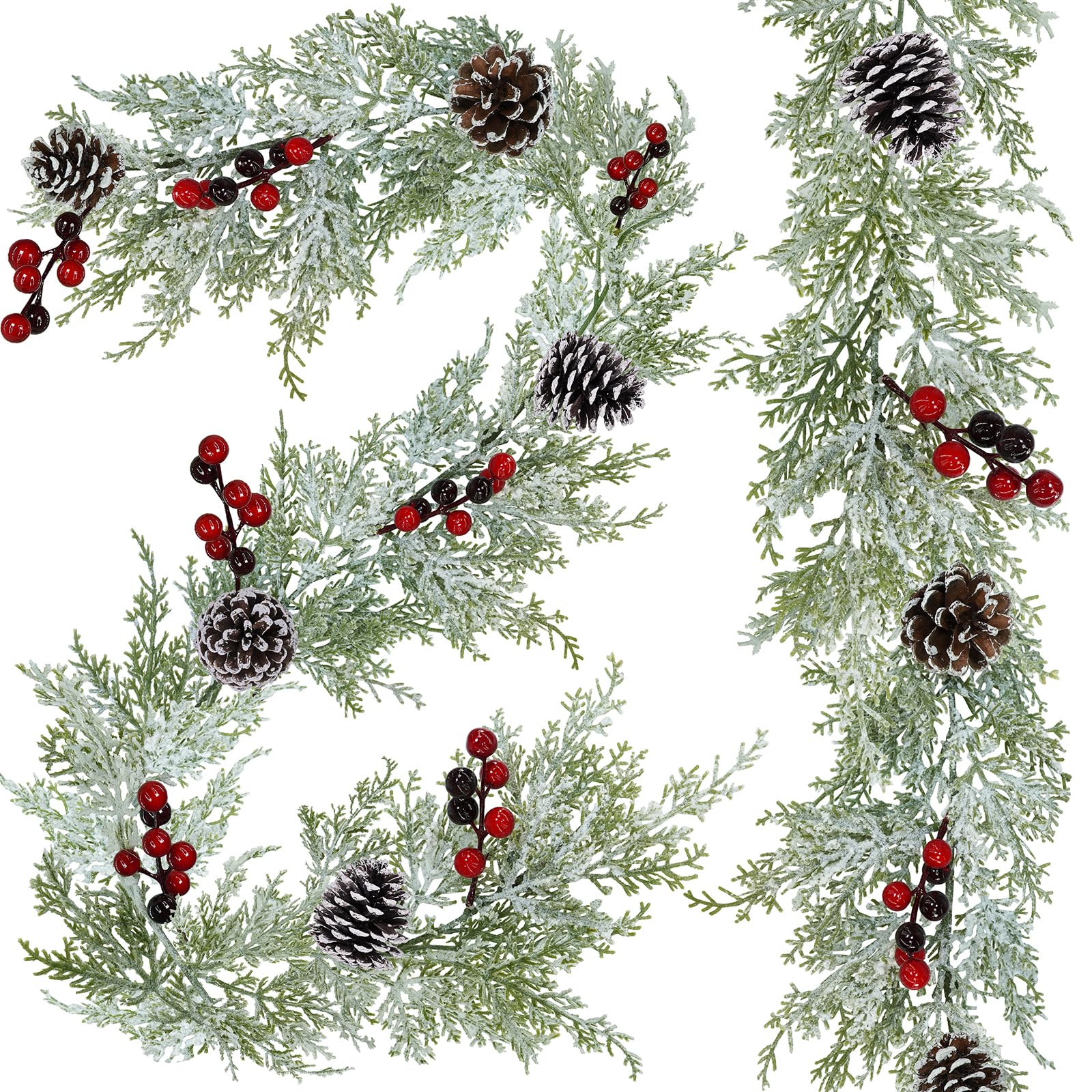 Photo 1 of Winly 2 Pcs Artificial Snowy Cedar Garland with Pine Cones and Red Berries Christmas Greenery Garland 6 Ft Christmas Wedding Winter Holiday Party Table Runner Mantle Seasonal Centerpiece Decoration