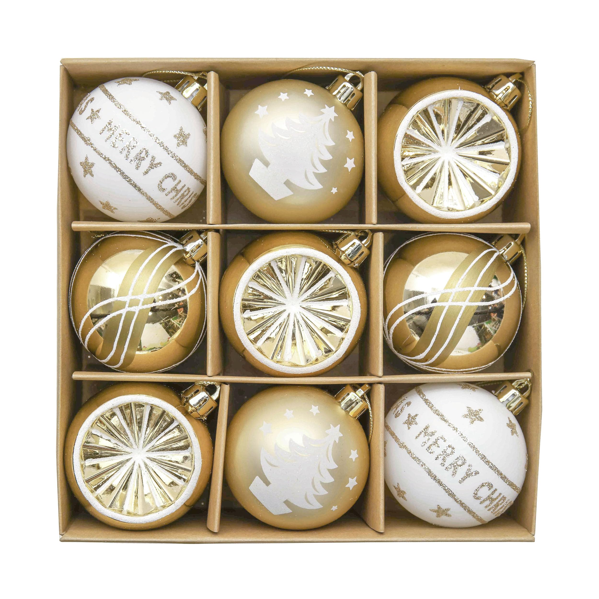 Valery Madelyn White Gold Christmas Baubles, 9pcs 6cm Ball Ornaments for Christmas Tree Decorations
