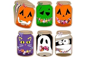 SHIEL-EVEN Halloween Crafts for Kids-50 Pack Mason Jars Shape Halloween Cards with Candy Bags for Party Favors, Halloween Gifts Kit Supplies, 5 Design Halloween DIY Crafts, Fall Crafts for Kids
