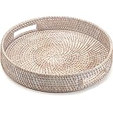 16.9" Round Rattan Tray, Hand Woven Serving Tray with Handles, Wicker Serving Basket, Decorative Tray for Home Decor, Whitewash