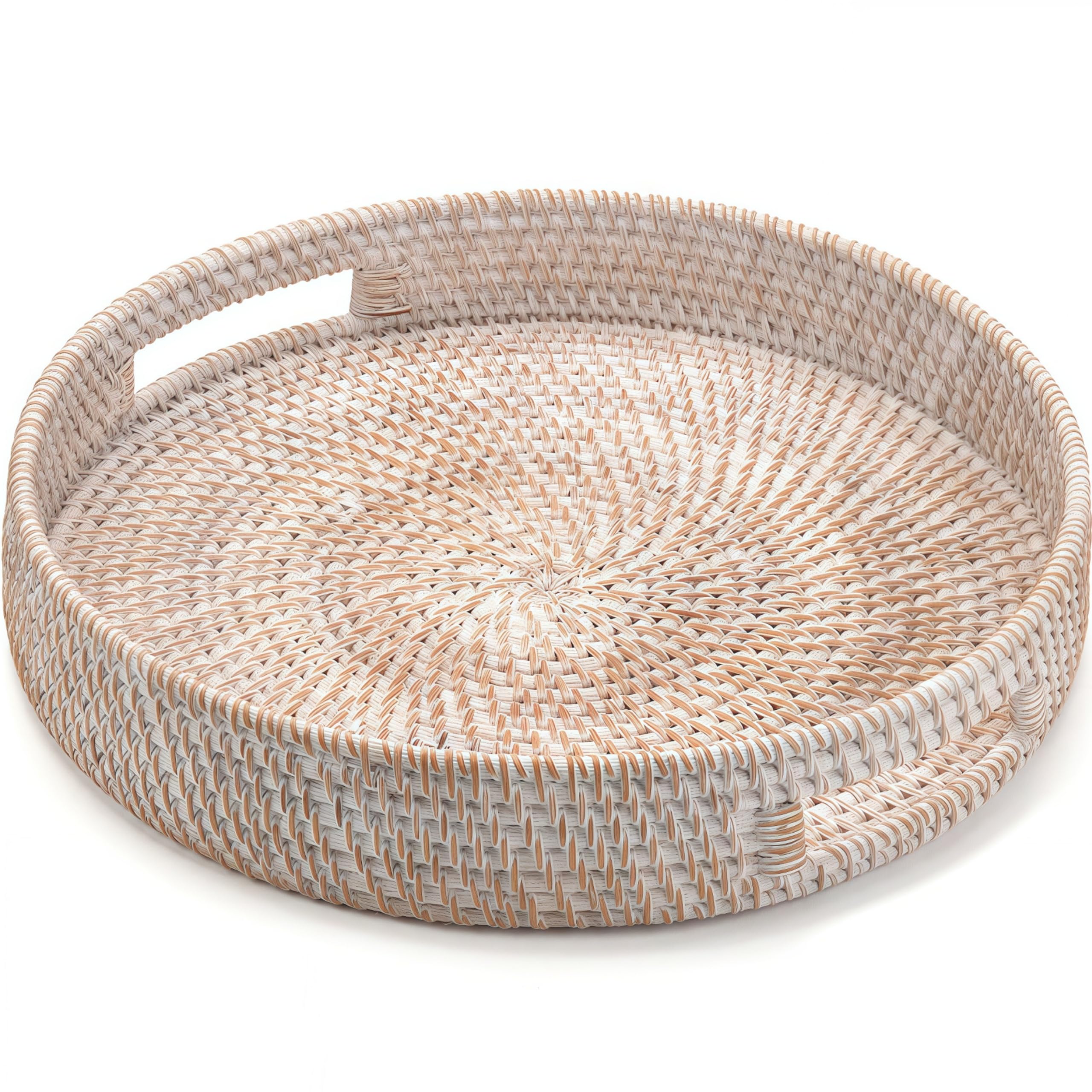 Photo 1 of 16.9" Round Rattan Tray, Hand Woven Serving Tray with Handles, Wicker Serving Basket, Decorative Tray for Home Decor, Whitewash