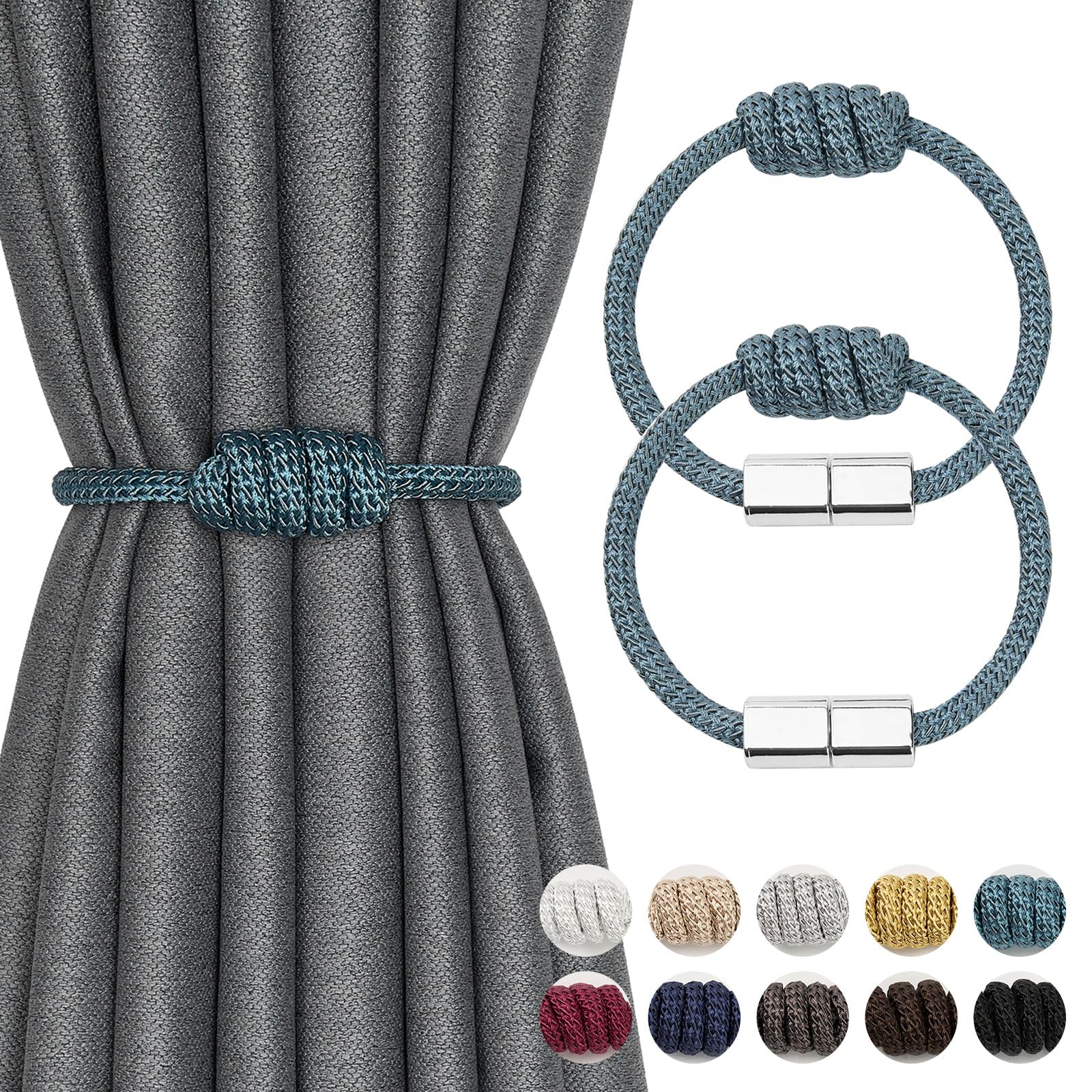Pretty Jolly 2 Pack Mini Magnetic Curtain Tiebacks Modern Simple Style Drape Tie Backs Elegant Hand Weave Rope Knot Decorative Curtain Holdbacks for Home & Office Window Drapery (Teal)