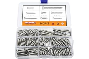 Indprod M3/M4/M5/M6 Flat Head Self Tapping Wood Screws Assortment Fasteners Kit 260Pcs,Phillips Drive Countersunk Head Self-Tapping Screws,stainless steel.