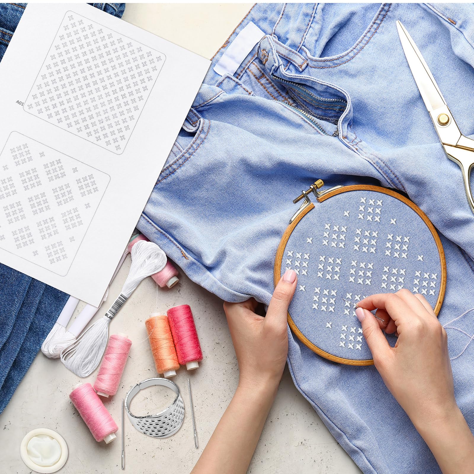 Hahafelt Sashiko Kit Sashiko Thread and Needles Thimble Denim Fabric Water Soluble Japanese Embroidery Kit for Beginners Hand Quilting and Mending, Sewing Supplies
