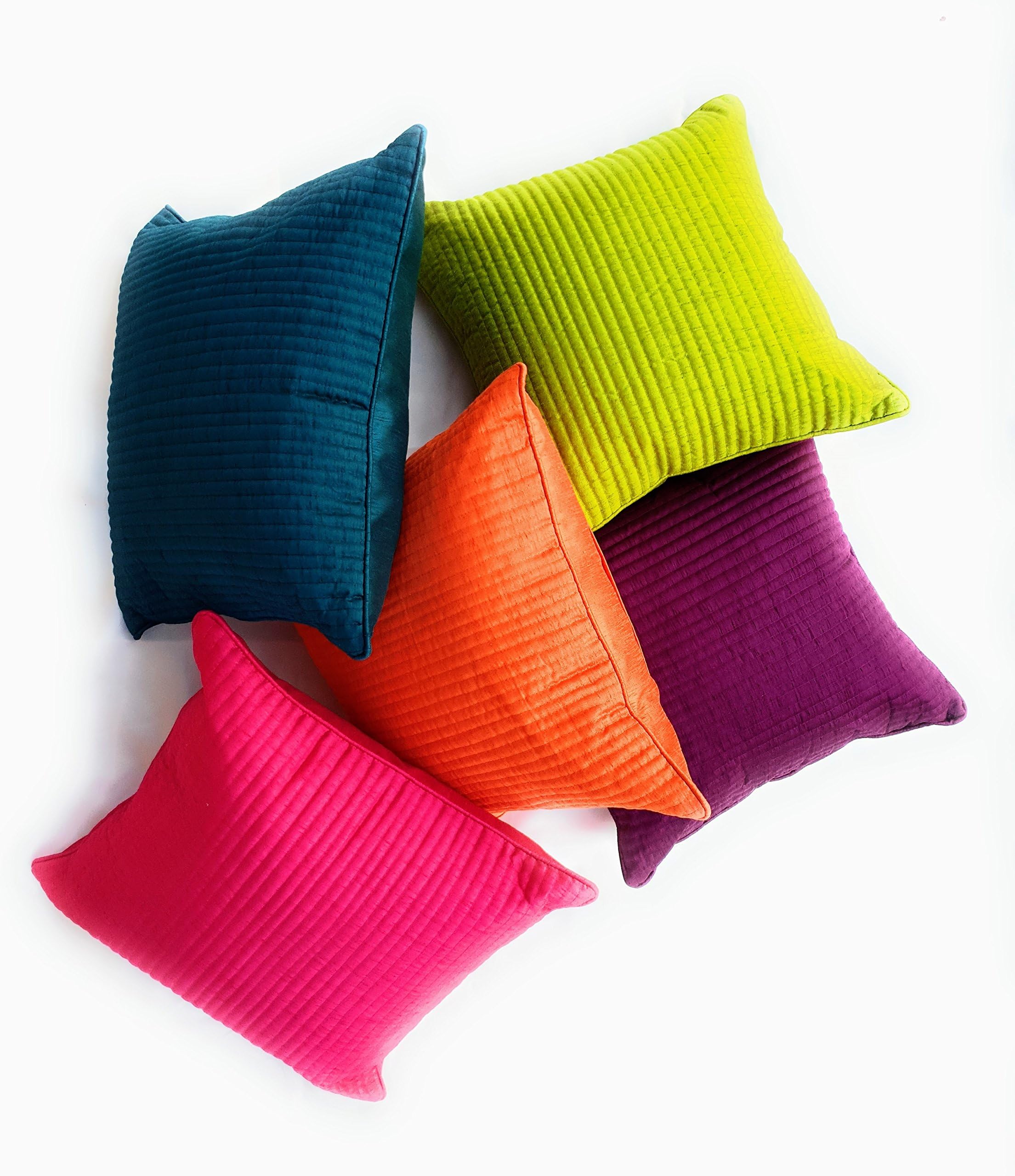 Decor Tribe- Decorative Premium Silk Throw Pillow/Cushion Cover 16x16 Set of 5 Multicolour Orange Blue Green Pink Purple