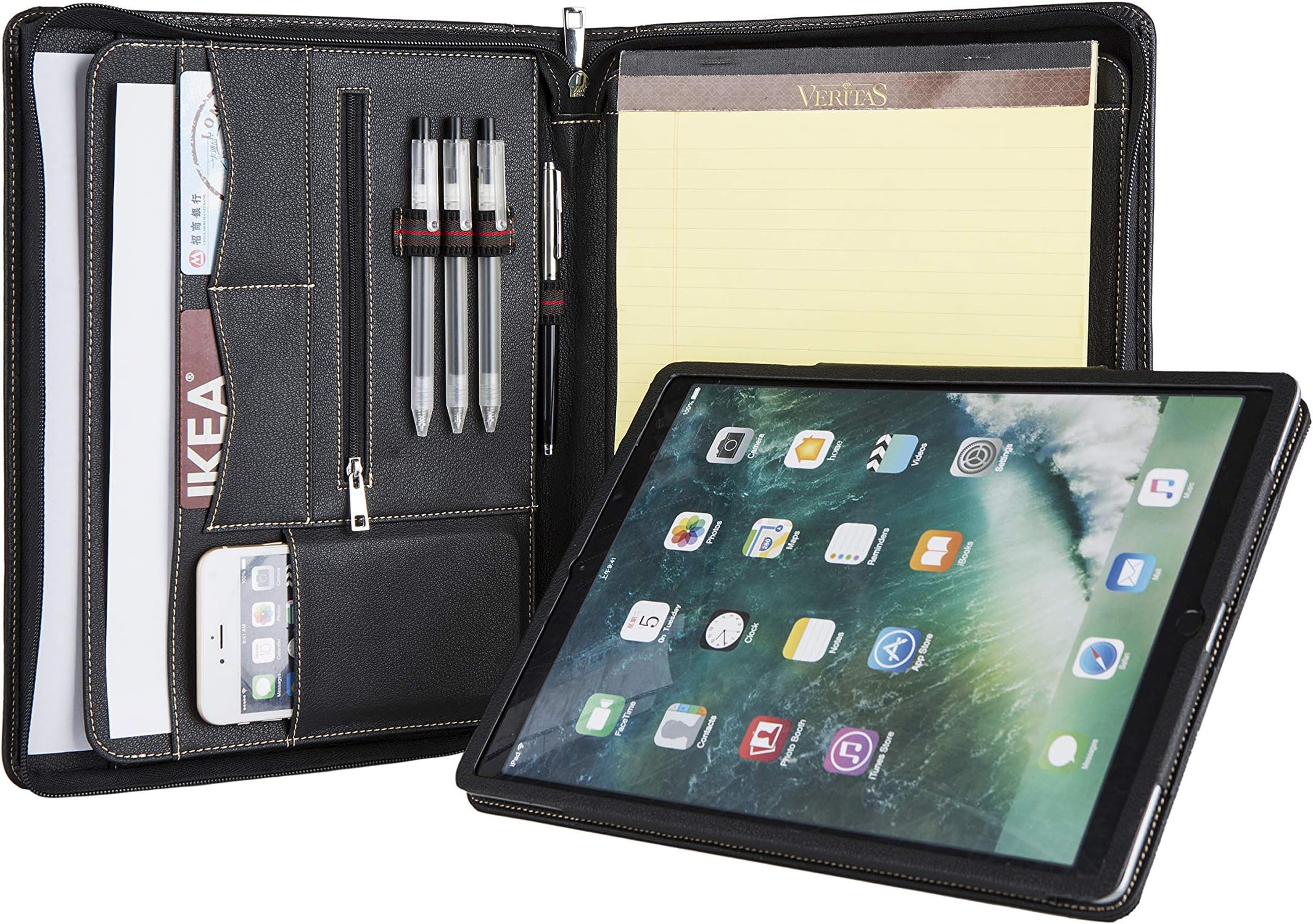Cohokori Handmade Leather Conference Folder Zipped with iPad Pro 12.9"(2015/2017) Stand Protective Case,Business Portfolio Padfolio Organizer Case with A4 Size Notepad Holder,Black