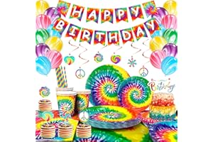 Tie Dye Birthday Party Supplies, 16 Guests Tie-Dye Party Tableware Set, Tie Dye Party Plates Cups Napkins Tablecloth Banner B