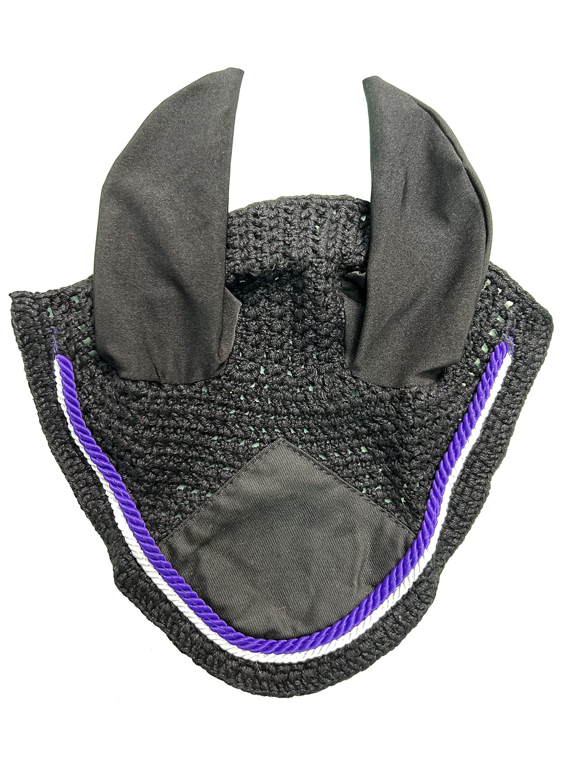 Spire Horse Soft Crochet Fly Veil Breathable Cotton Ear Net Hood Horse fly Control Masks Protector Bonnets (full, Black/Purple-White)