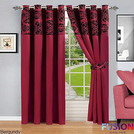 Ring Top Fully Lined Pair Eyelet Ready Curtains Luxury Damask