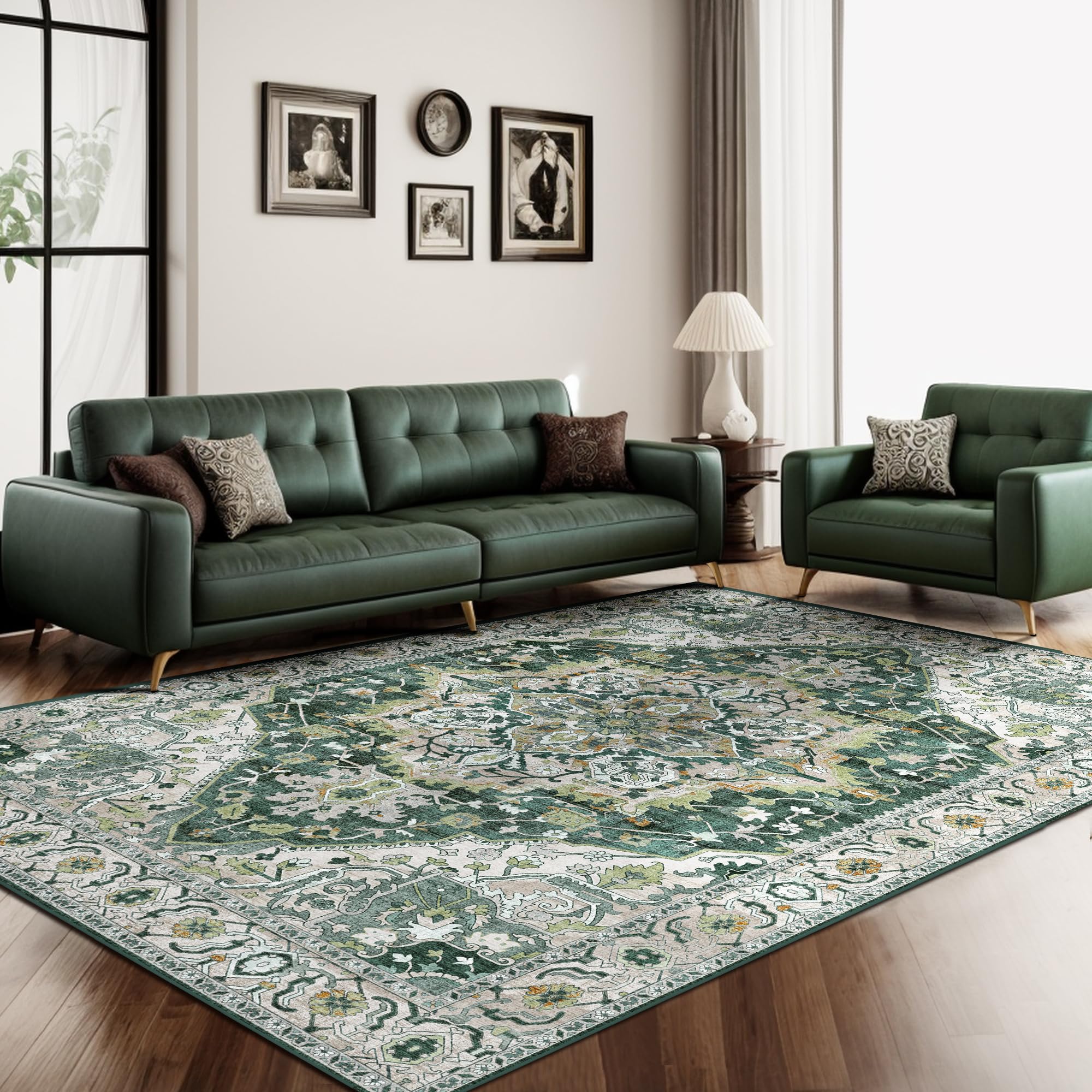 Photo 1 of Green Boho Washable Area Rug 5x8 Vintage Rug for Living Room Bedroom Non Slip Low Pile Faux Wool Floor Carpet Farmhouse 5x8 Rug for Dining Room Office, Green/Multi