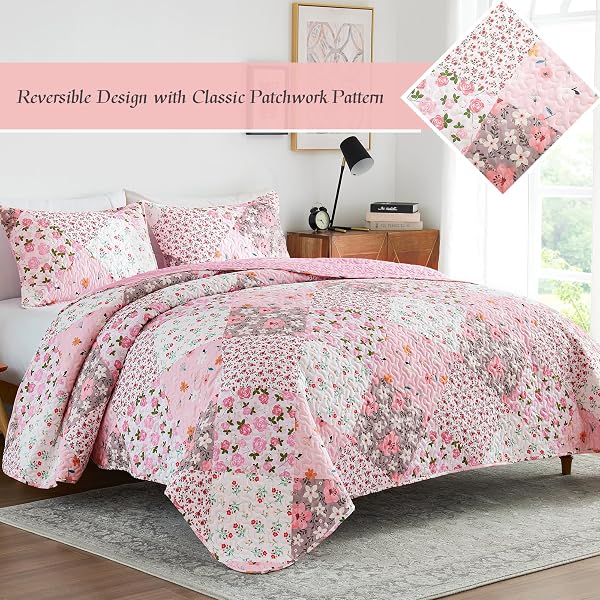 WHALE FLOTILLA PATCHWORK QUILTS QUEEN SIZE, EXTRA SOFT BOHO FLORAL BEDSPREADS FOR BED REVERSIBLE LIGHTWEIGHT FULL QUEEN QUILT BEDDING SET PRINTED COVERLETS WITH 2 PILLOW SHAMS FOR ALL SEASONS, PINK